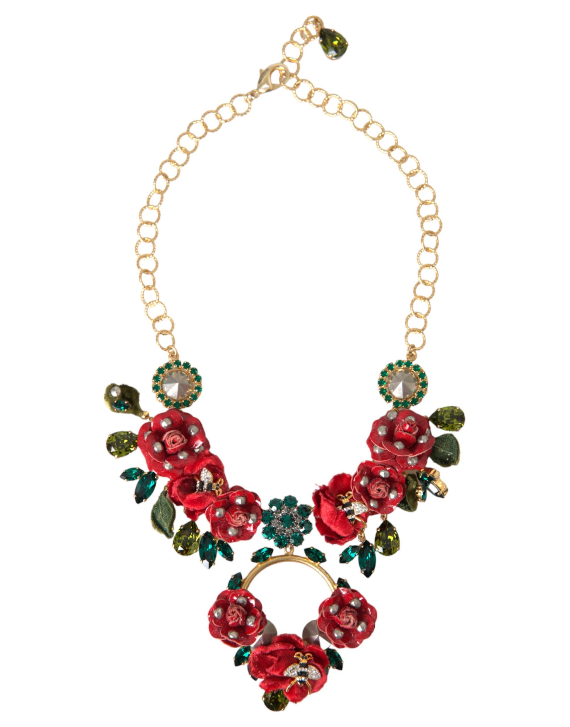 Goldfarbene Gliederkette aus Messing mit Rosenblüten-Kristallanhänger