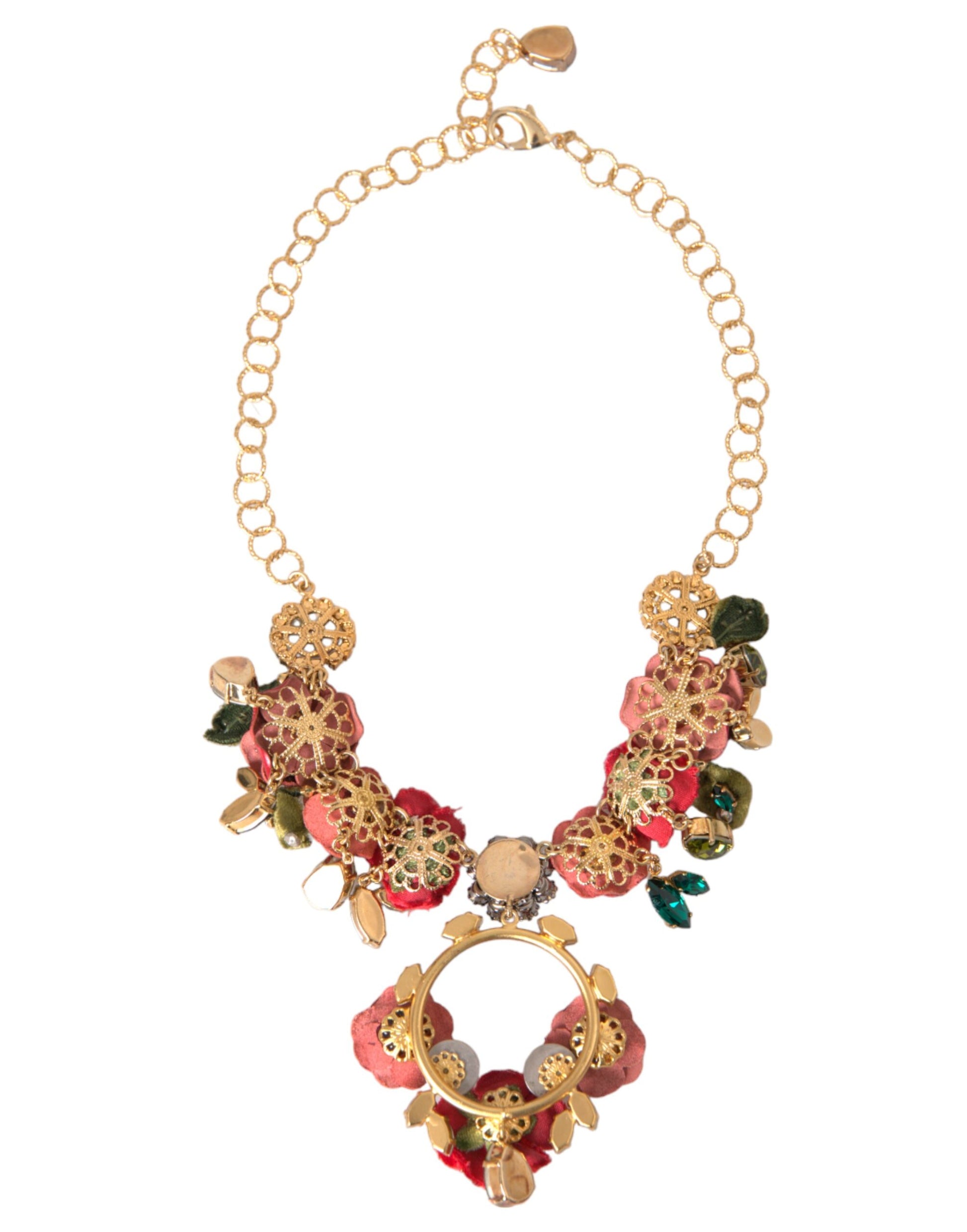 Goldfarbene Gliederkette aus Messing mit Rosenblüten-Kristallanhänger