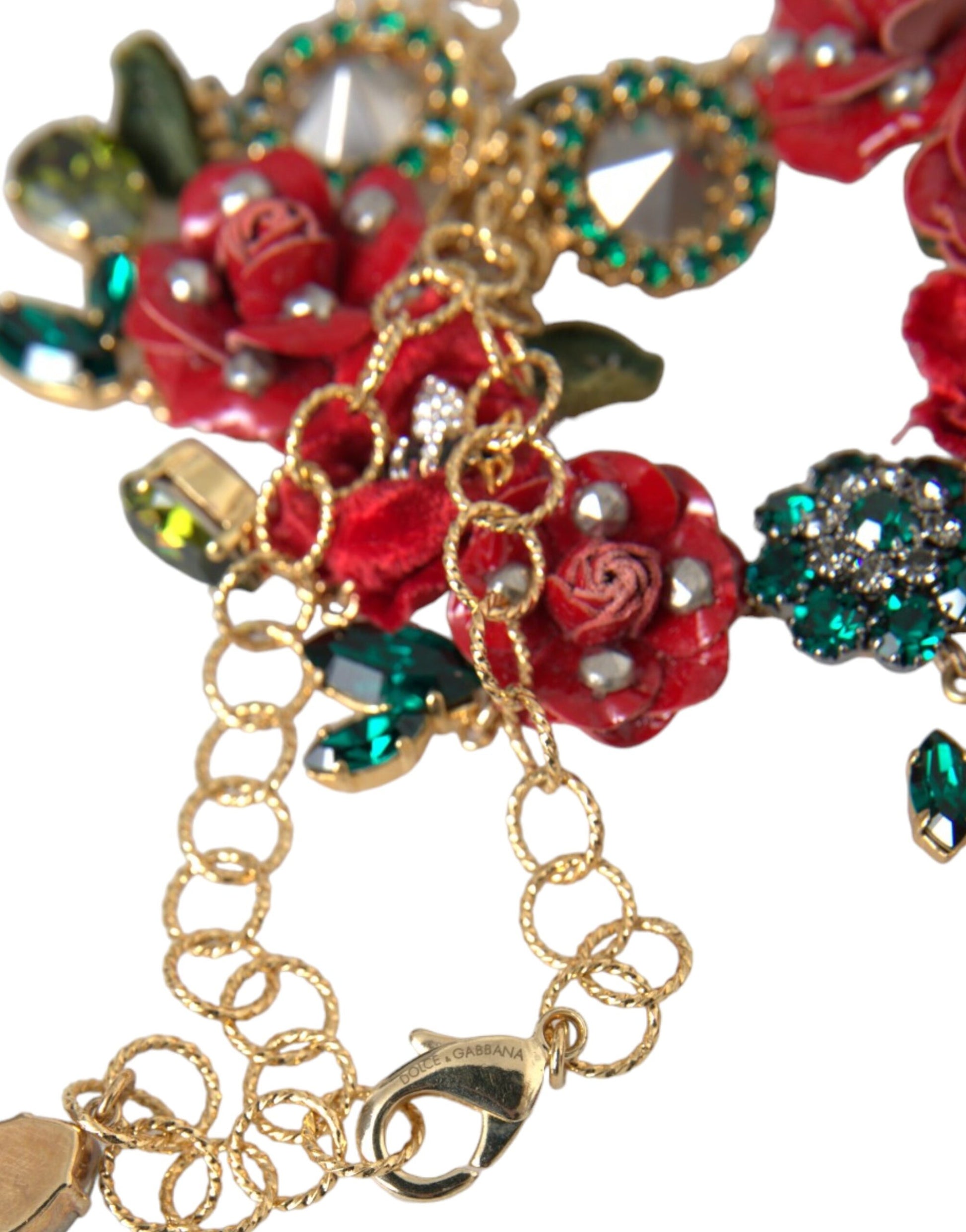 Goldfarbene Gliederkette aus Messing mit Rosenblüten-Kristallanhänger