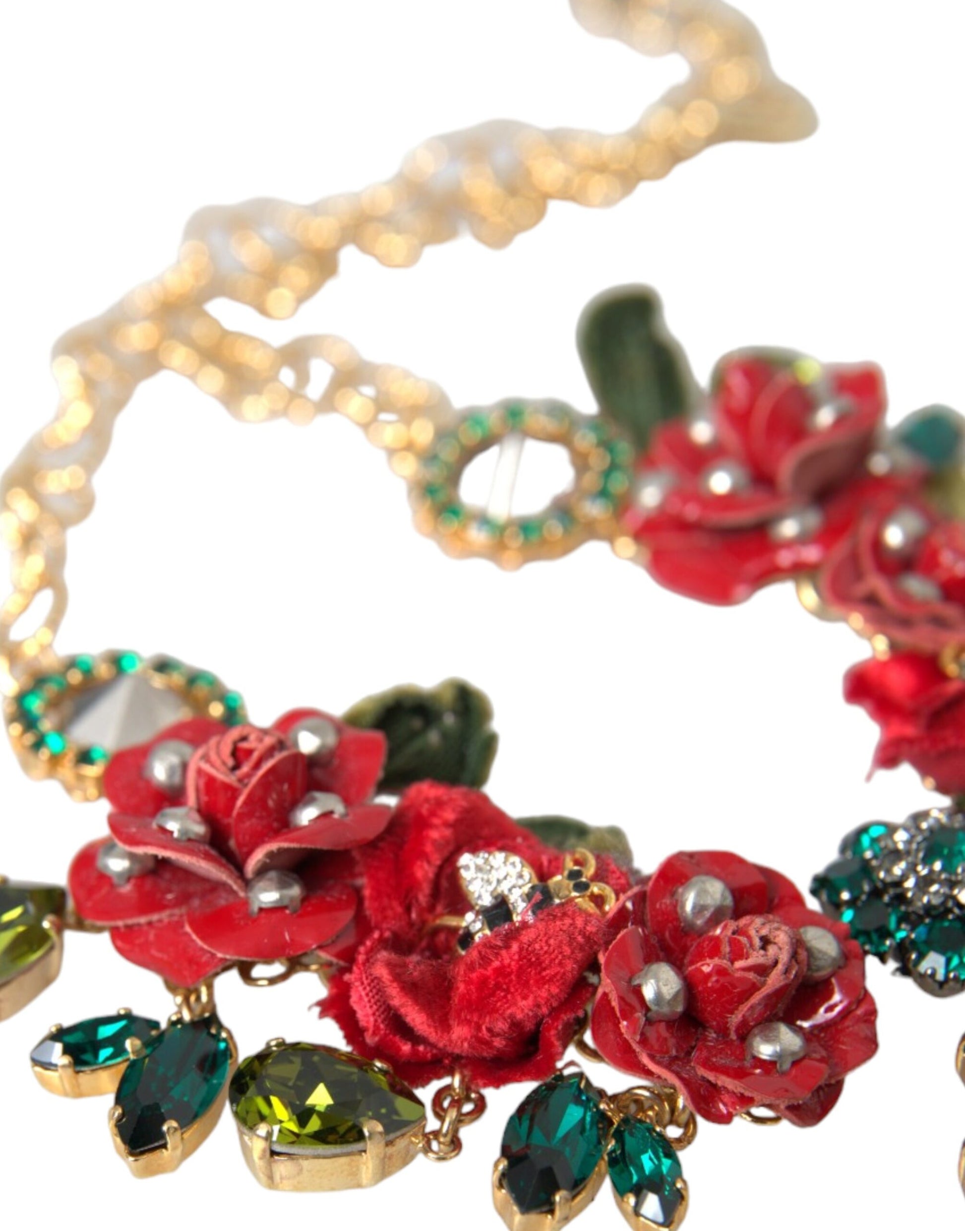 Goldfarbene Gliederkette aus Messing mit Rosenblüten-Kristallanhänger
