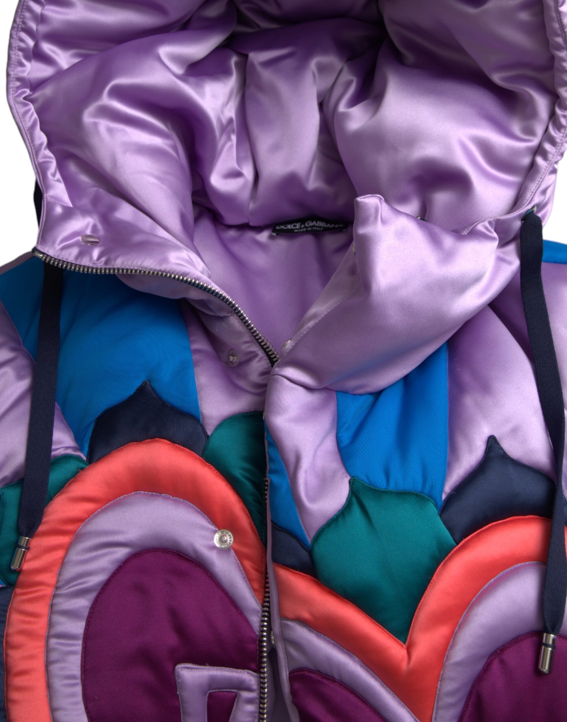 Mehrfarbige Pufferjacke mit Kapuze und Herzlogo