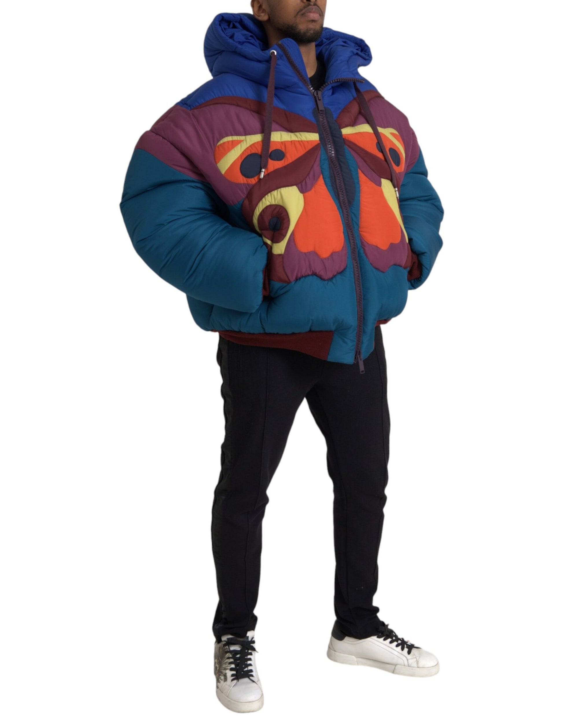 Mehrfarbige Pufferjacke mit Schmetterlings-Kapuze