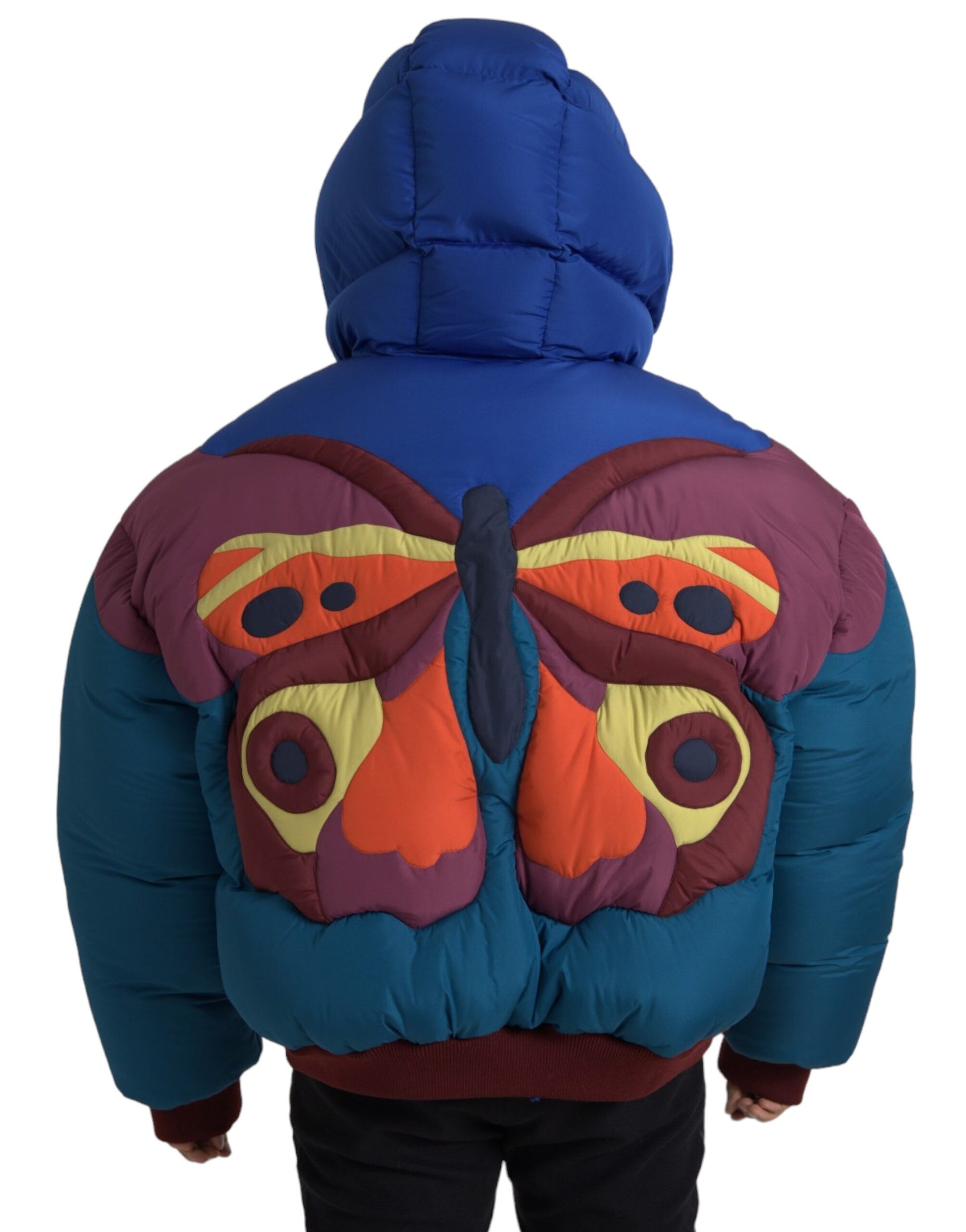 Mehrfarbige Pufferjacke mit Schmetterlings-Kapuze
