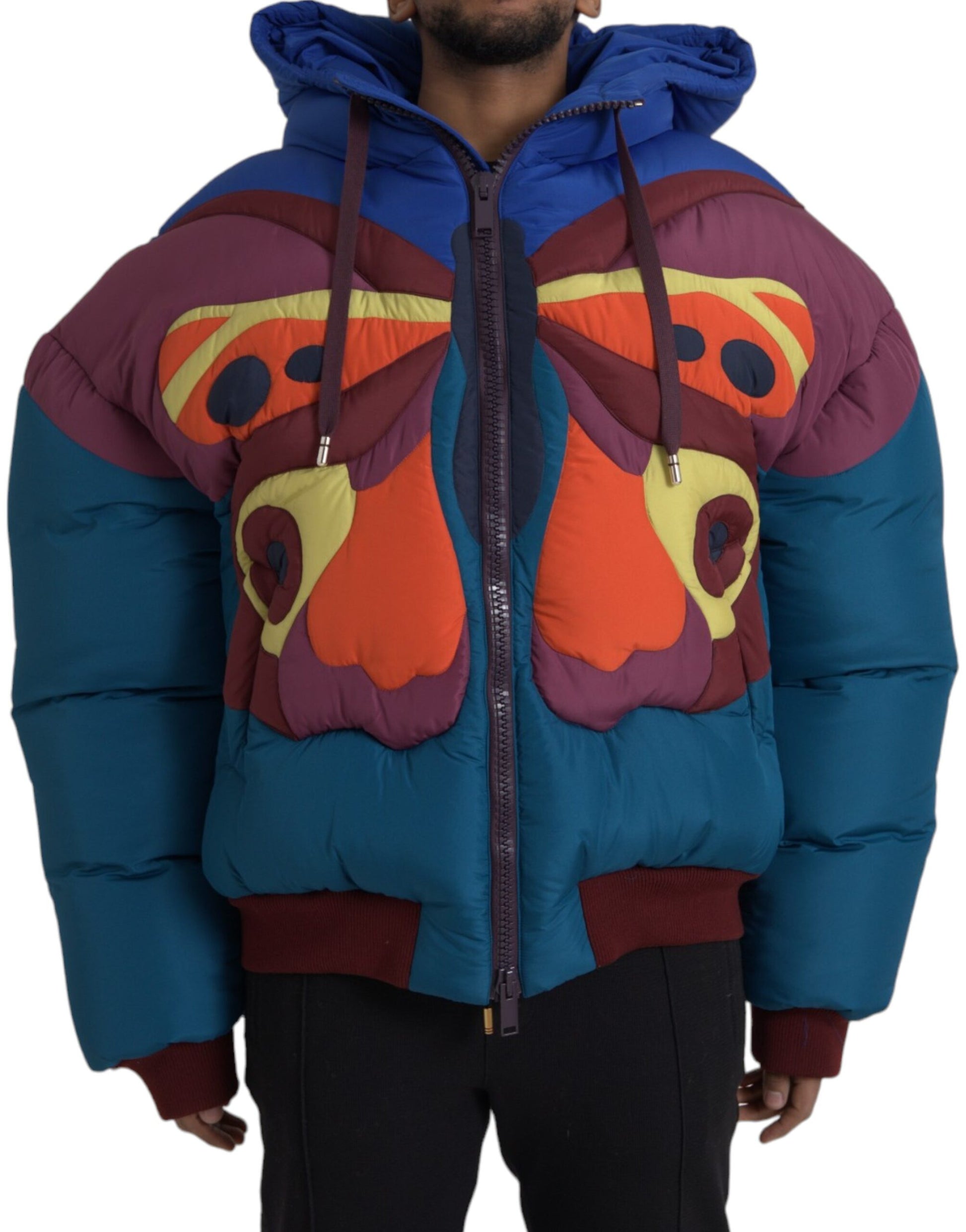 Mehrfarbige Pufferjacke mit Schmetterlings-Kapuze