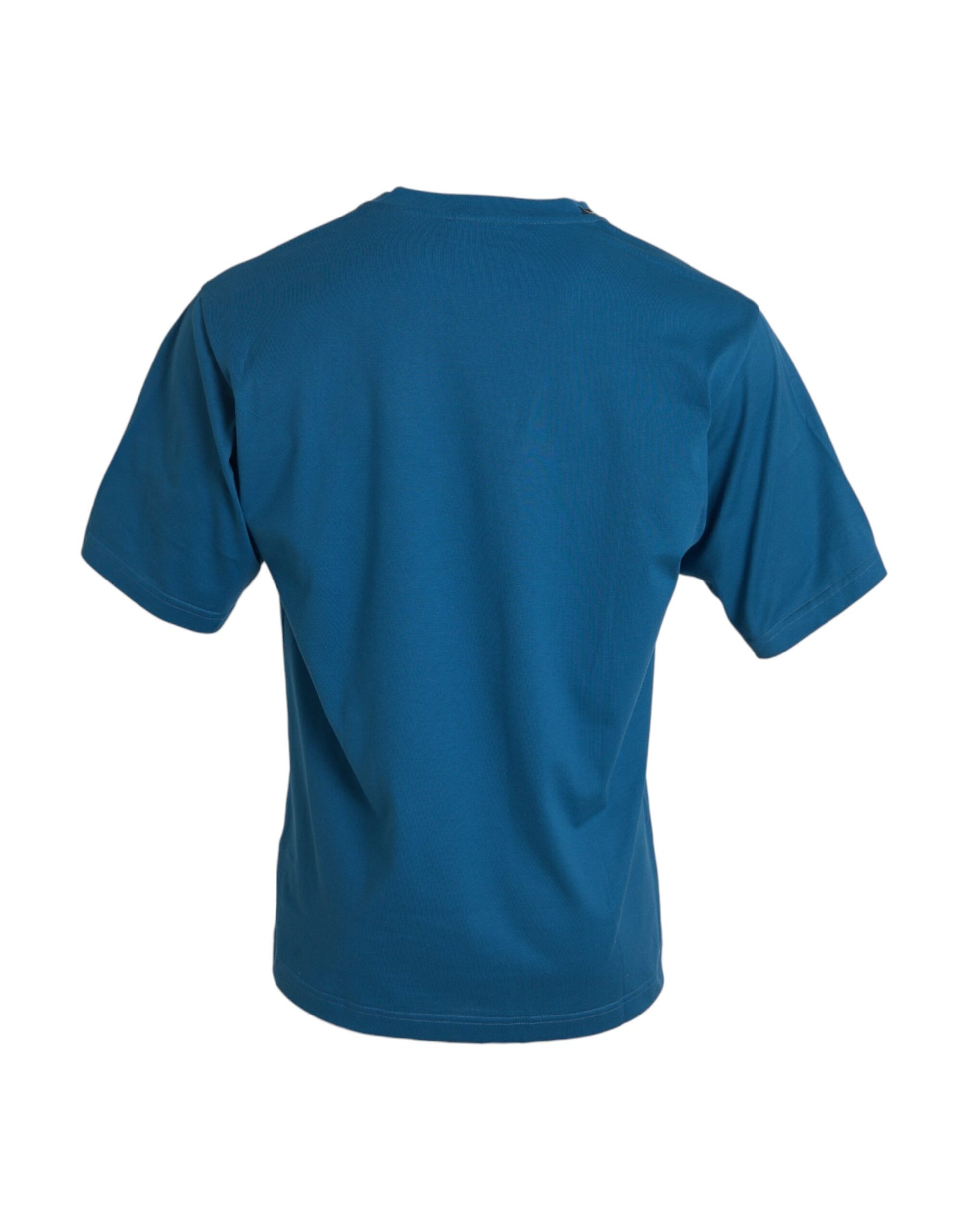 Blaues T-Shirt mit Rundhalsausschnitt und kurzen Ärmeln und Logo