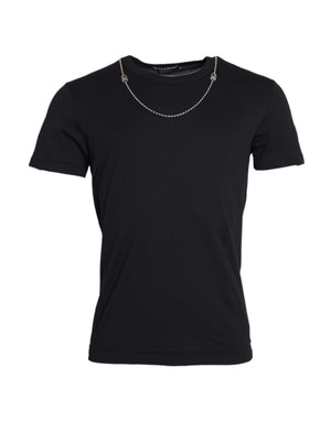 Schwarzes Kurzarm-T-Shirt aus Baumwolle mit silberner Kette