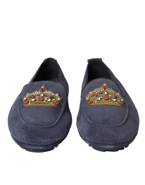 Blaue Loafer-Schuhe aus Wildleder mit Kristallkrone
