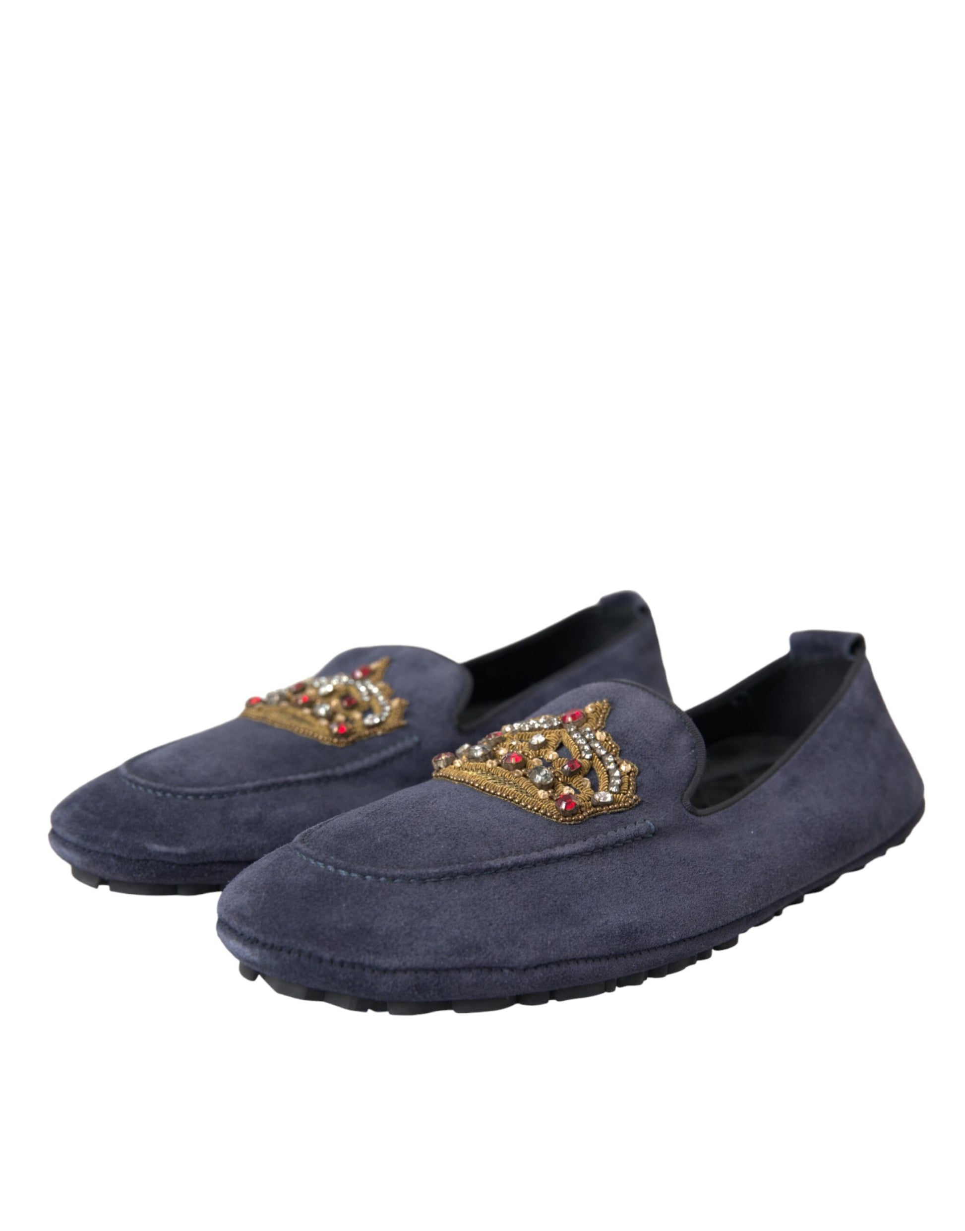 Blaue Loafer-Schuhe aus Wildleder mit Kristallkrone