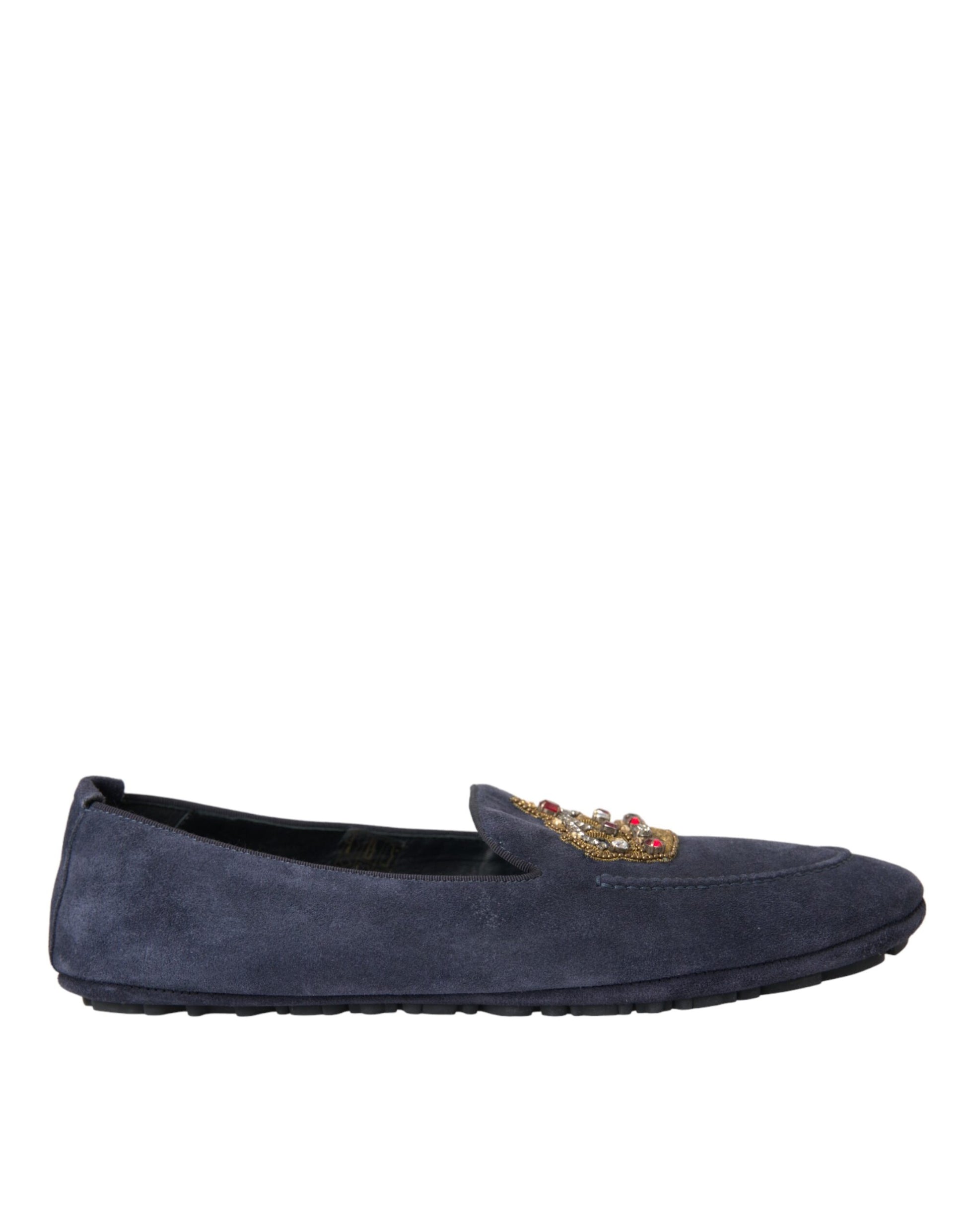 Blaue Loafer-Schuhe aus Wildleder mit Kristallkrone