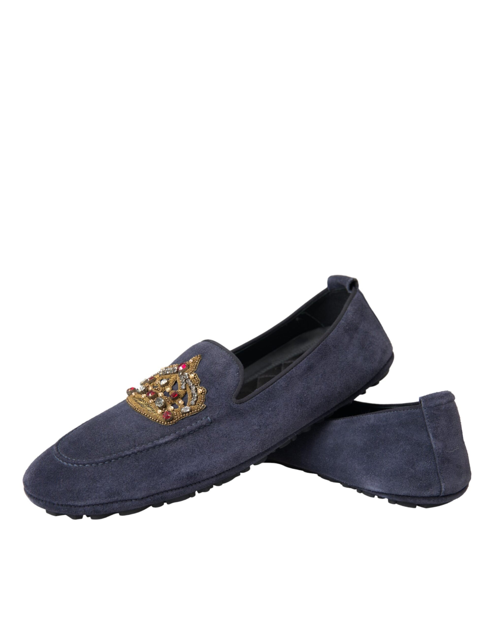 Blaue Loafer-Schuhe aus Wildleder mit Kristallkrone