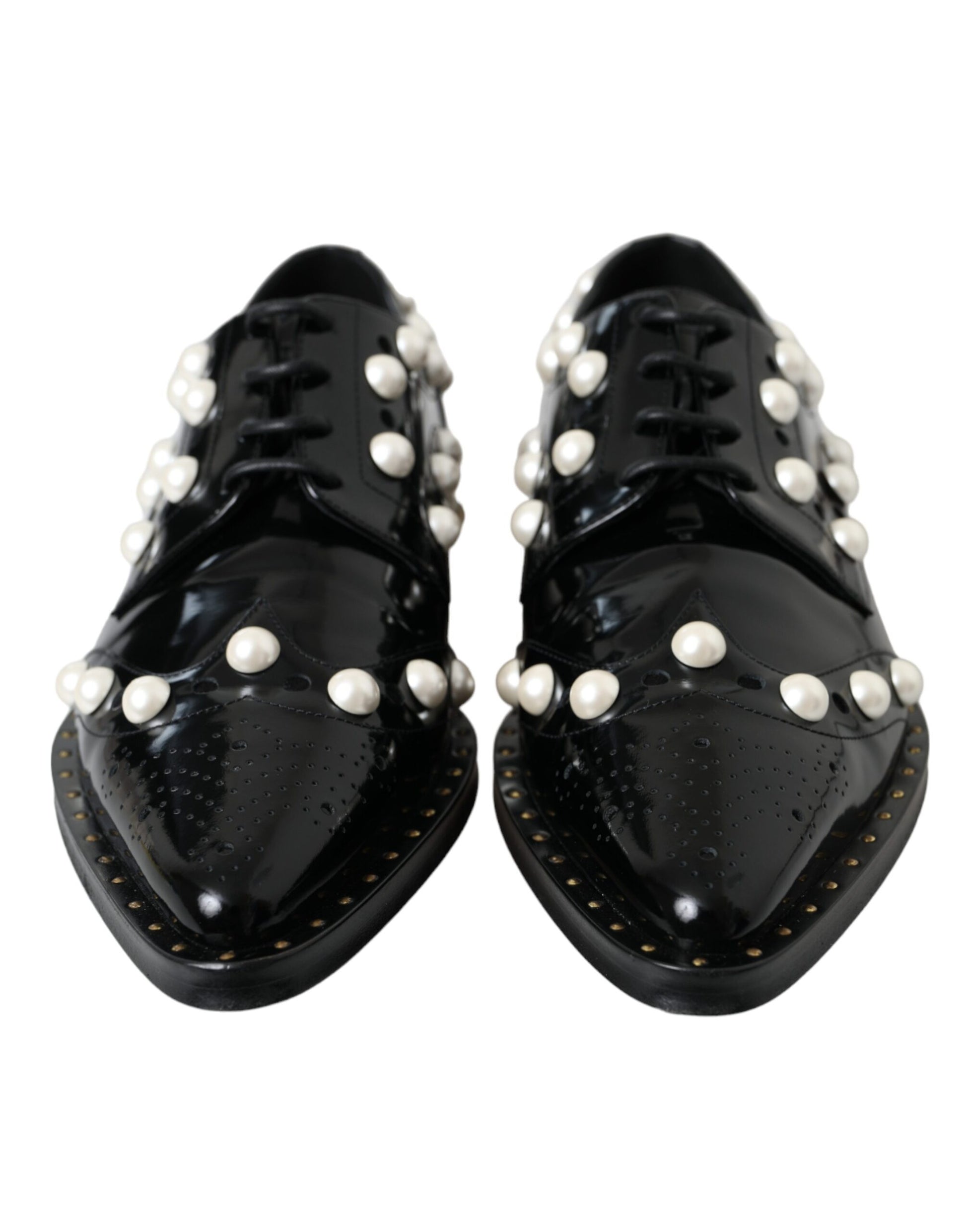 Schwarze Broque-Schuhe aus Leder mit Kunstperlen