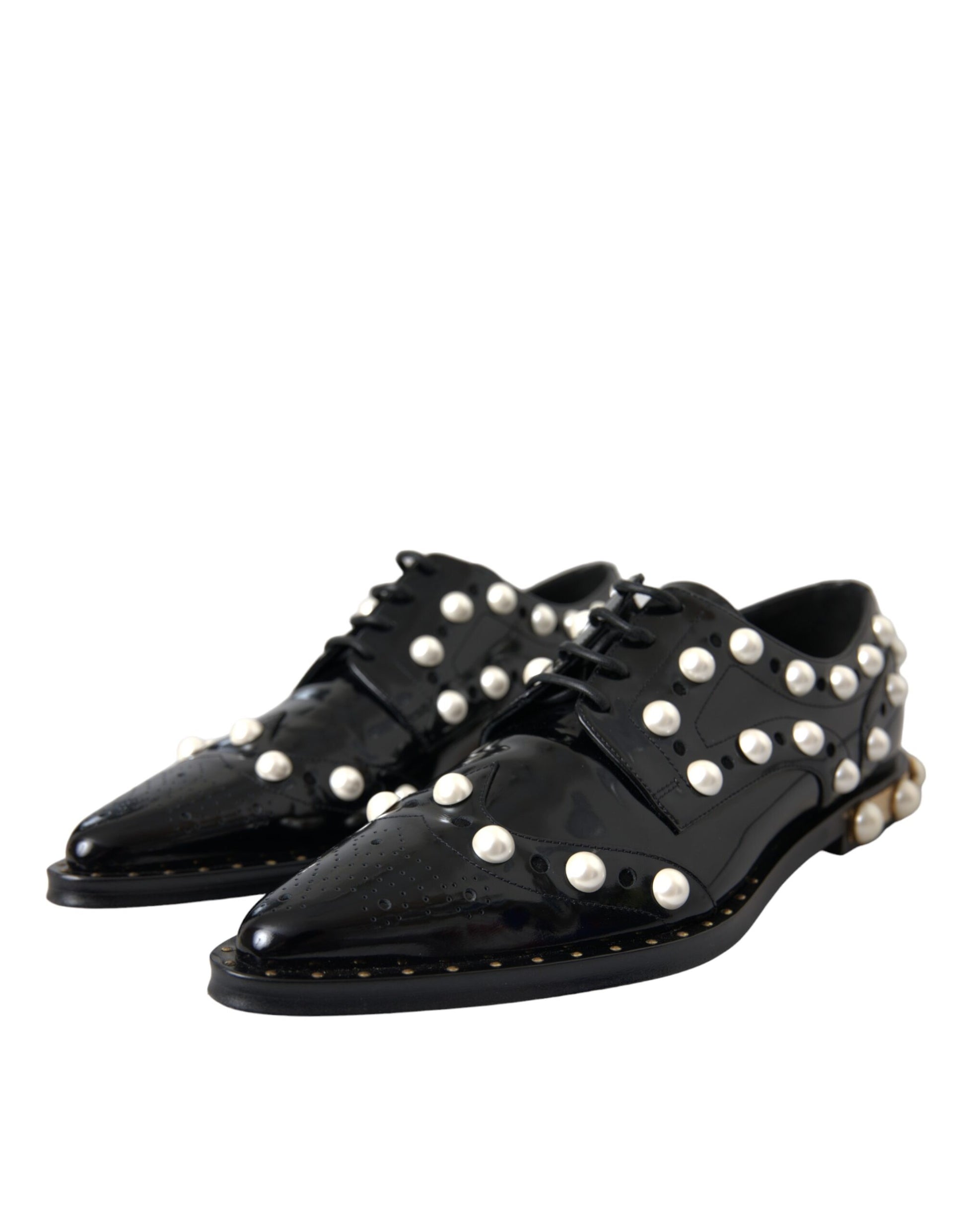Schwarze Broque-Schuhe aus Leder mit Kunstperlen