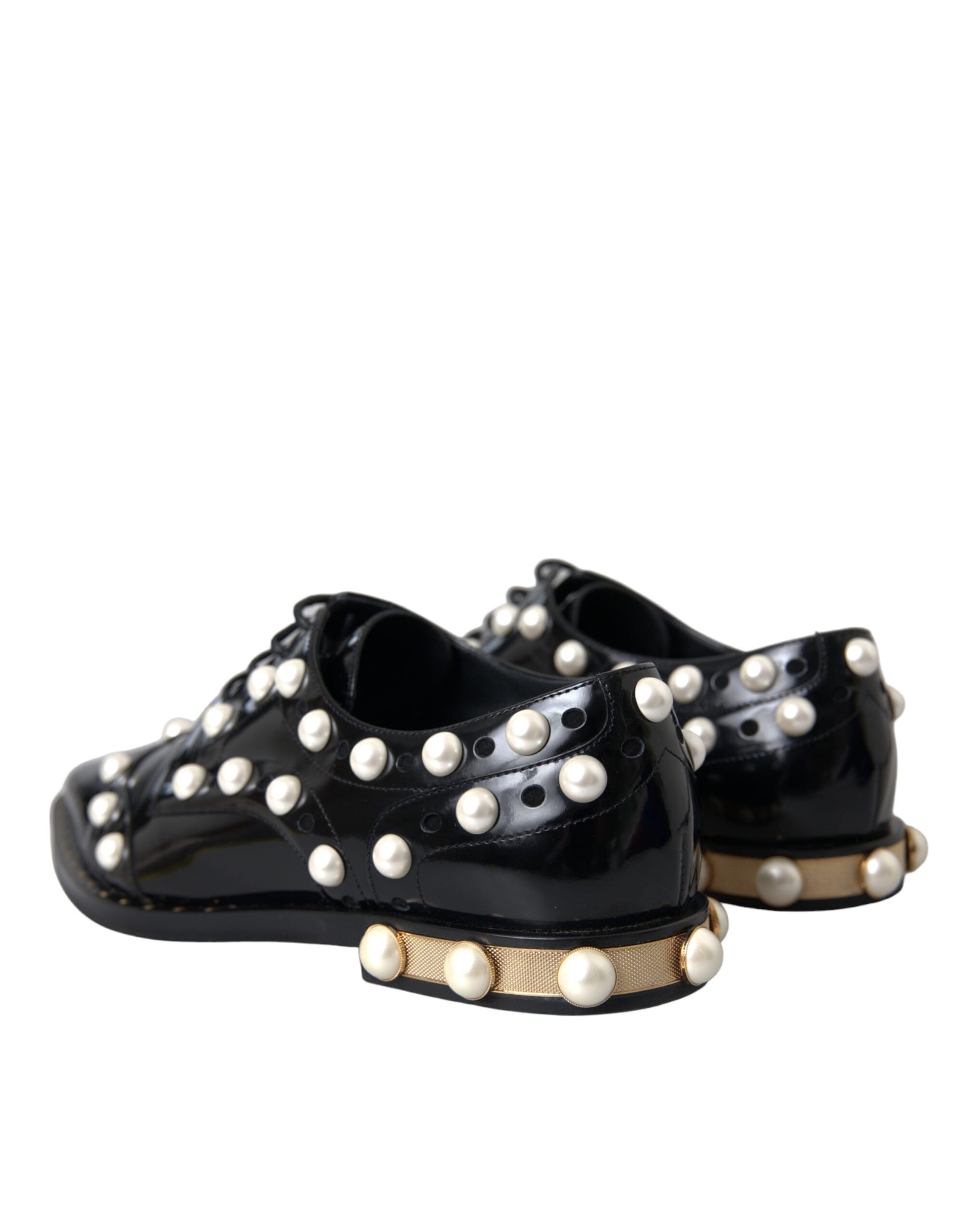 Schwarze Broque-Schuhe aus Leder mit Kunstperlen