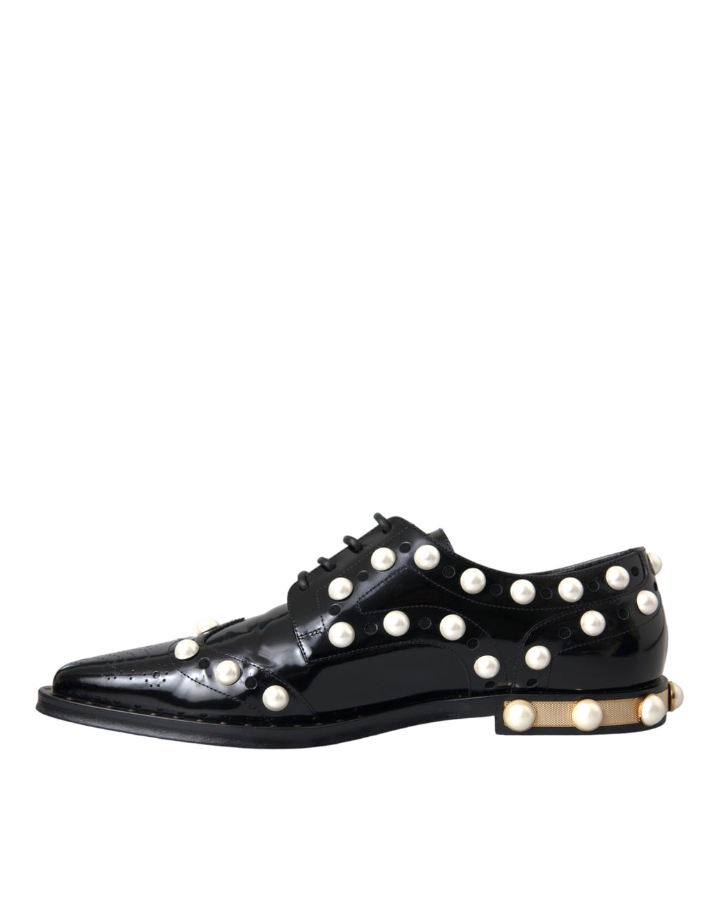 Schwarze Broque-Schuhe aus Leder mit Kunstperlen