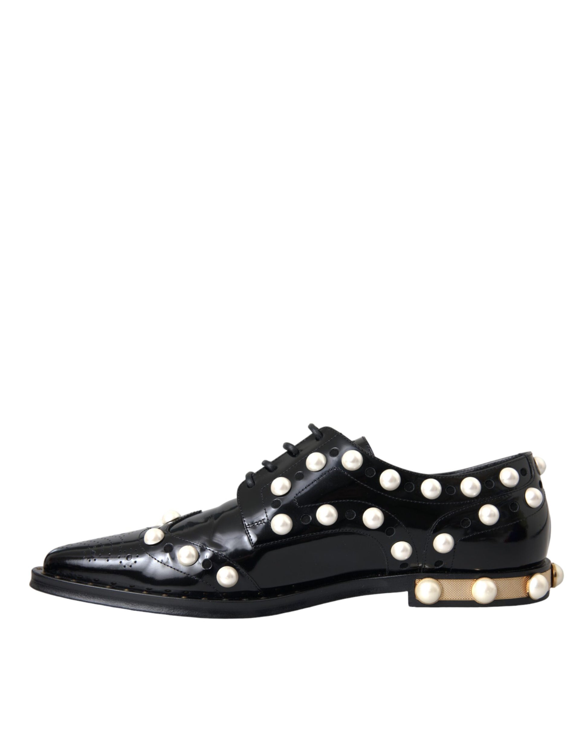 Schwarze Broque-Schuhe aus Leder mit Kunstperlen
