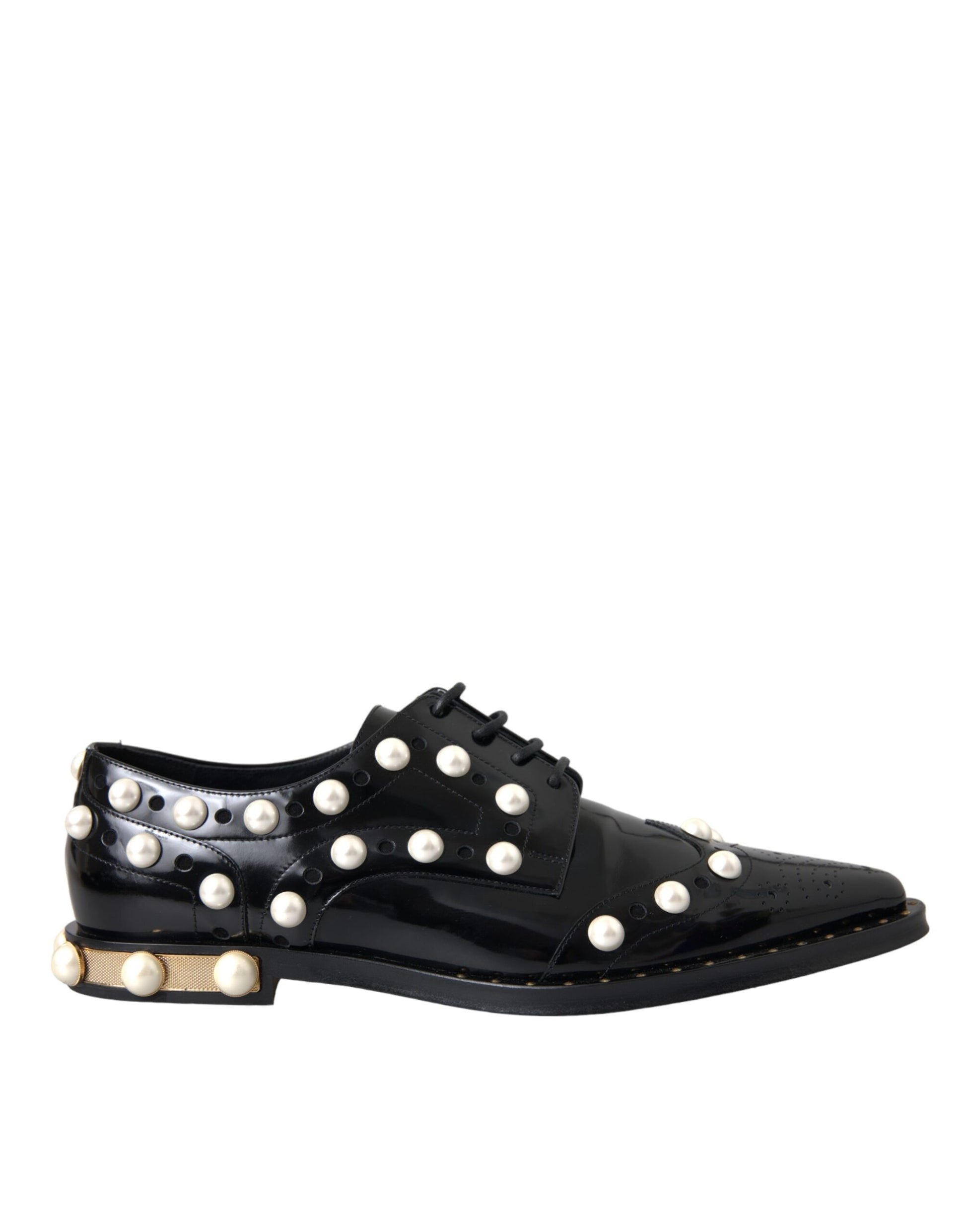 Schwarze Broque-Schuhe aus Leder mit Kunstperlen