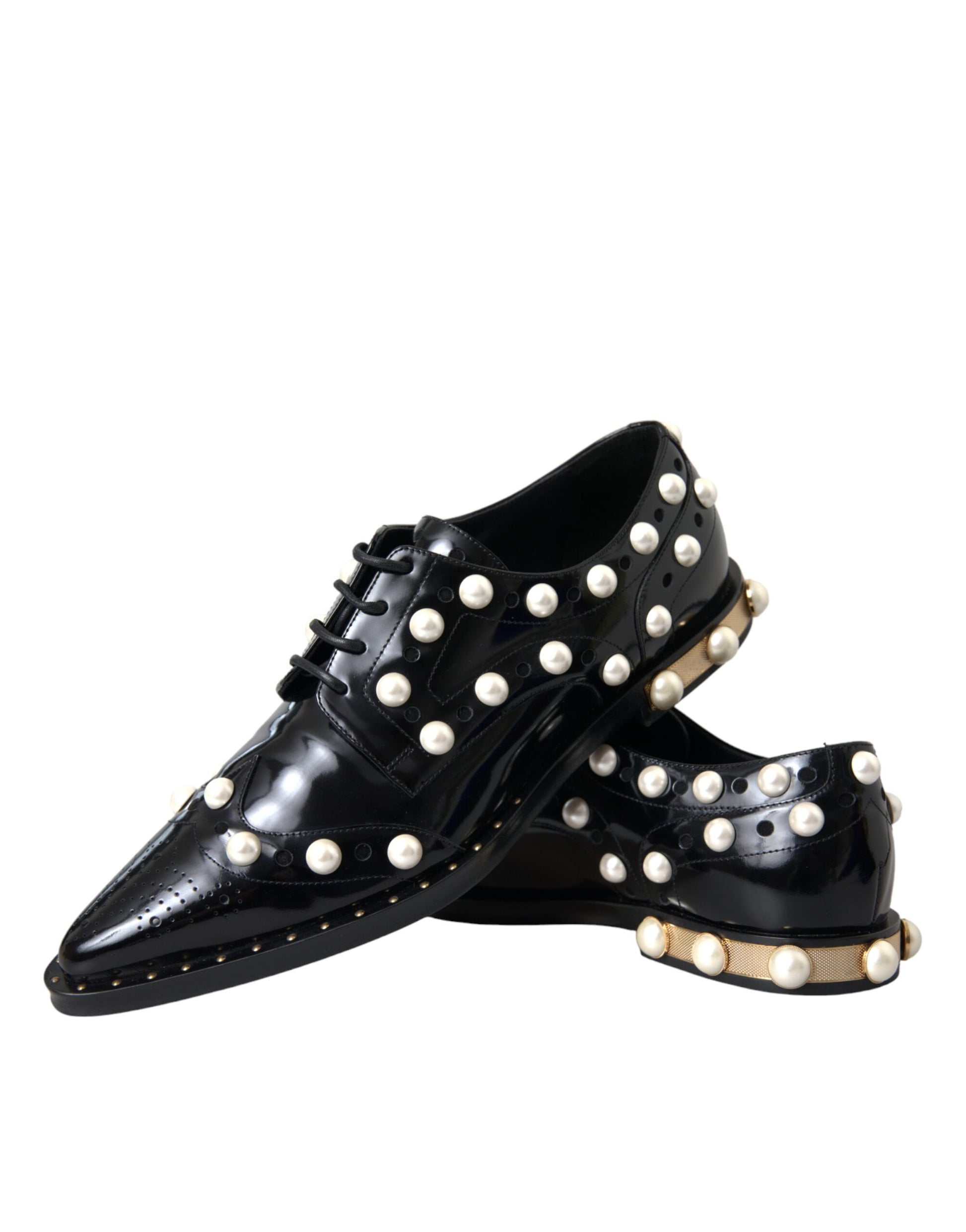 Schwarze Broque-Schuhe aus Leder mit Kunstperlen