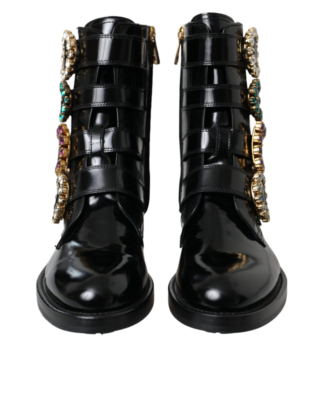 Schwarze Lederstiefel mit Kristallschnallen