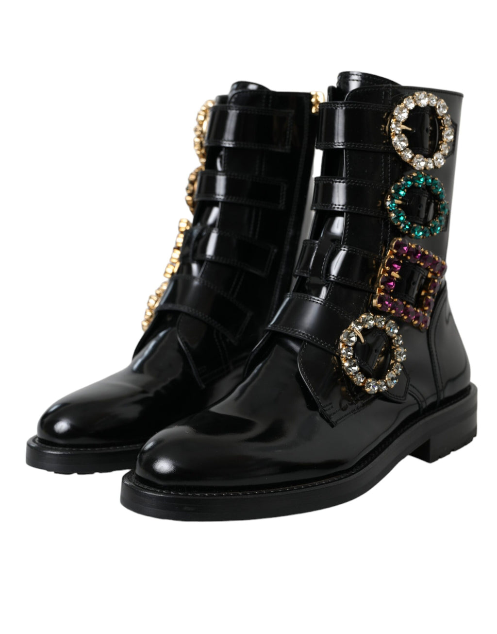 Schwarze Lederstiefel mit Kristallschnallen