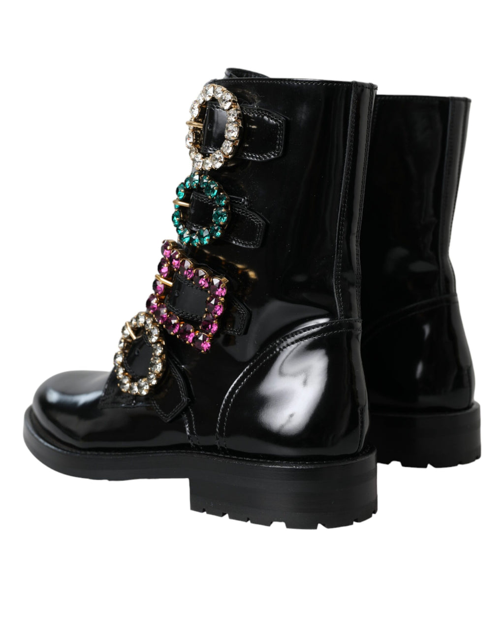 Schwarze Lederstiefel mit Kristallschnallen
