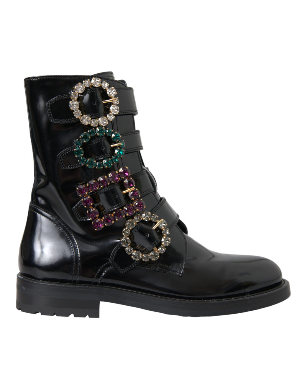Schwarze Lederstiefel mit Kristallschnallen