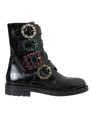 Schwarze Lederstiefel mit Kristallschnallen