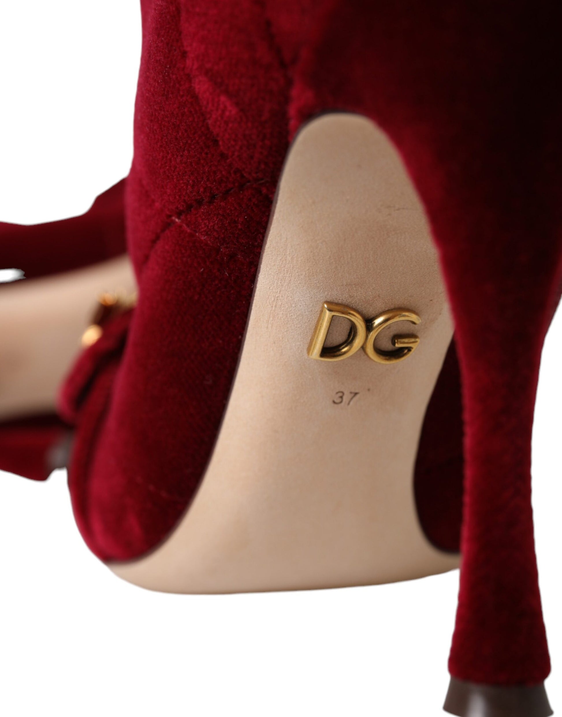Dunkelrote Samtstiefel mit Schnalle von Devotion