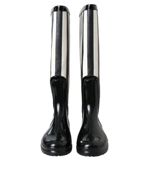 Black Rubber Knee High Flat Boots Shoes
