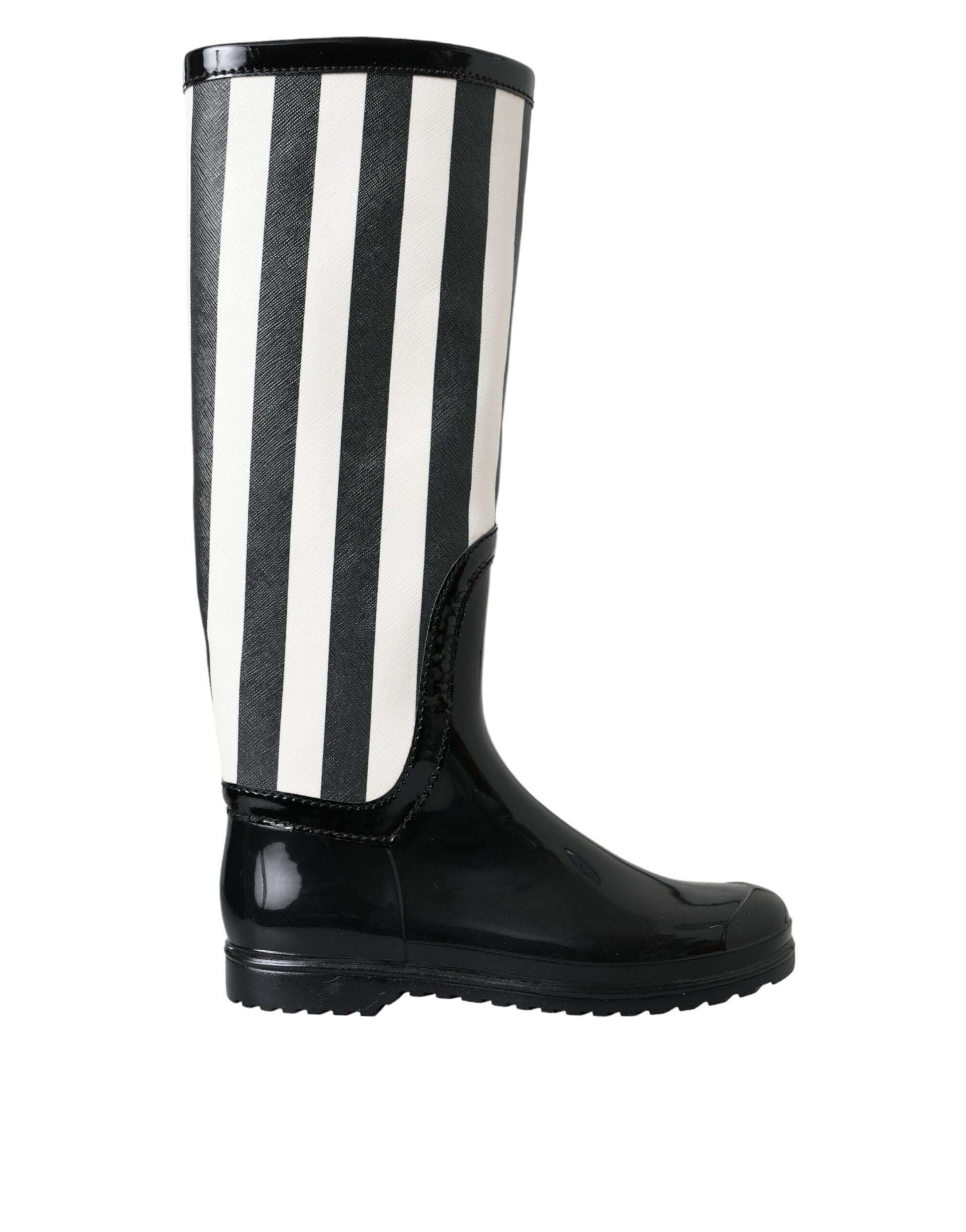 Schwarze kniehohe flache Gummistiefel