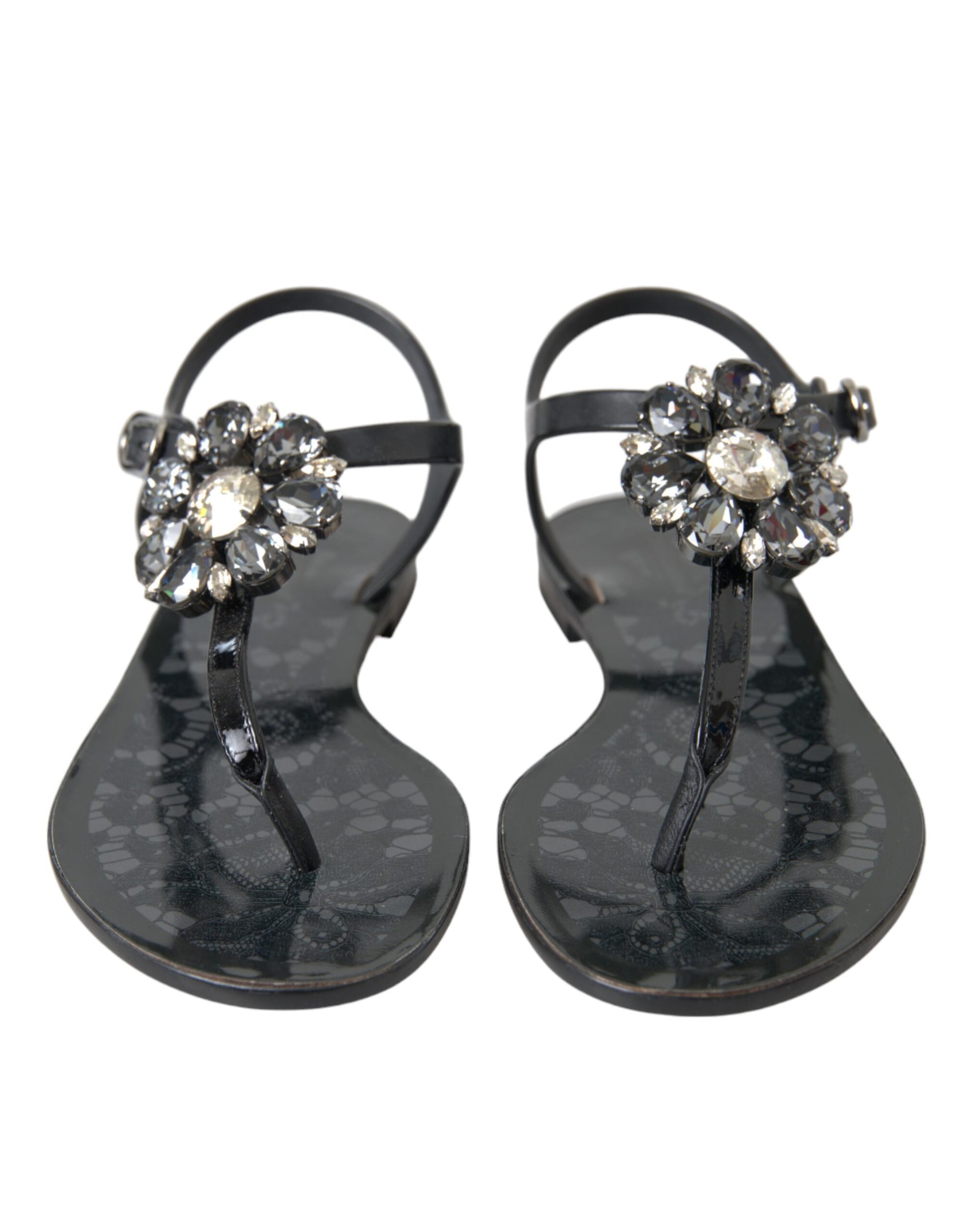 Schwarze Kristall Flats Sandalen Flip Flops Schuhe