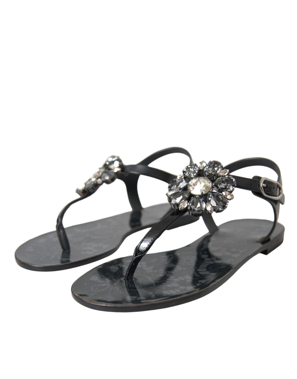 Schwarze Kristall Flats Sandalen Flip Flops Schuhe