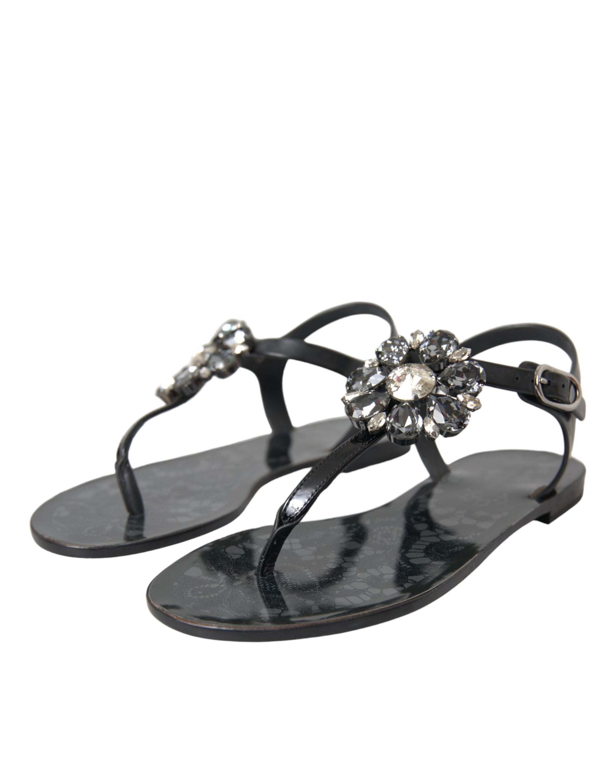 Schwarze Kristall Flats Sandalen Flip Flops Schuhe