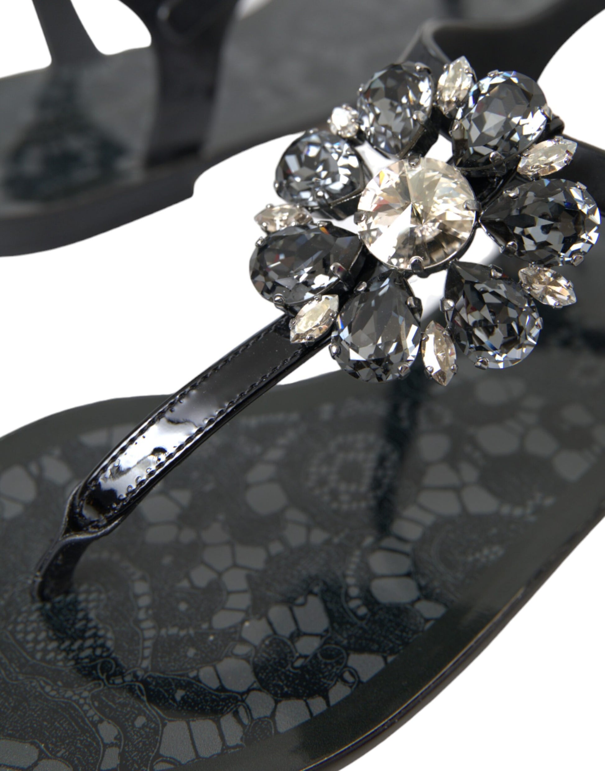 Schwarze Kristall Flats Sandalen Flip Flops Schuhe