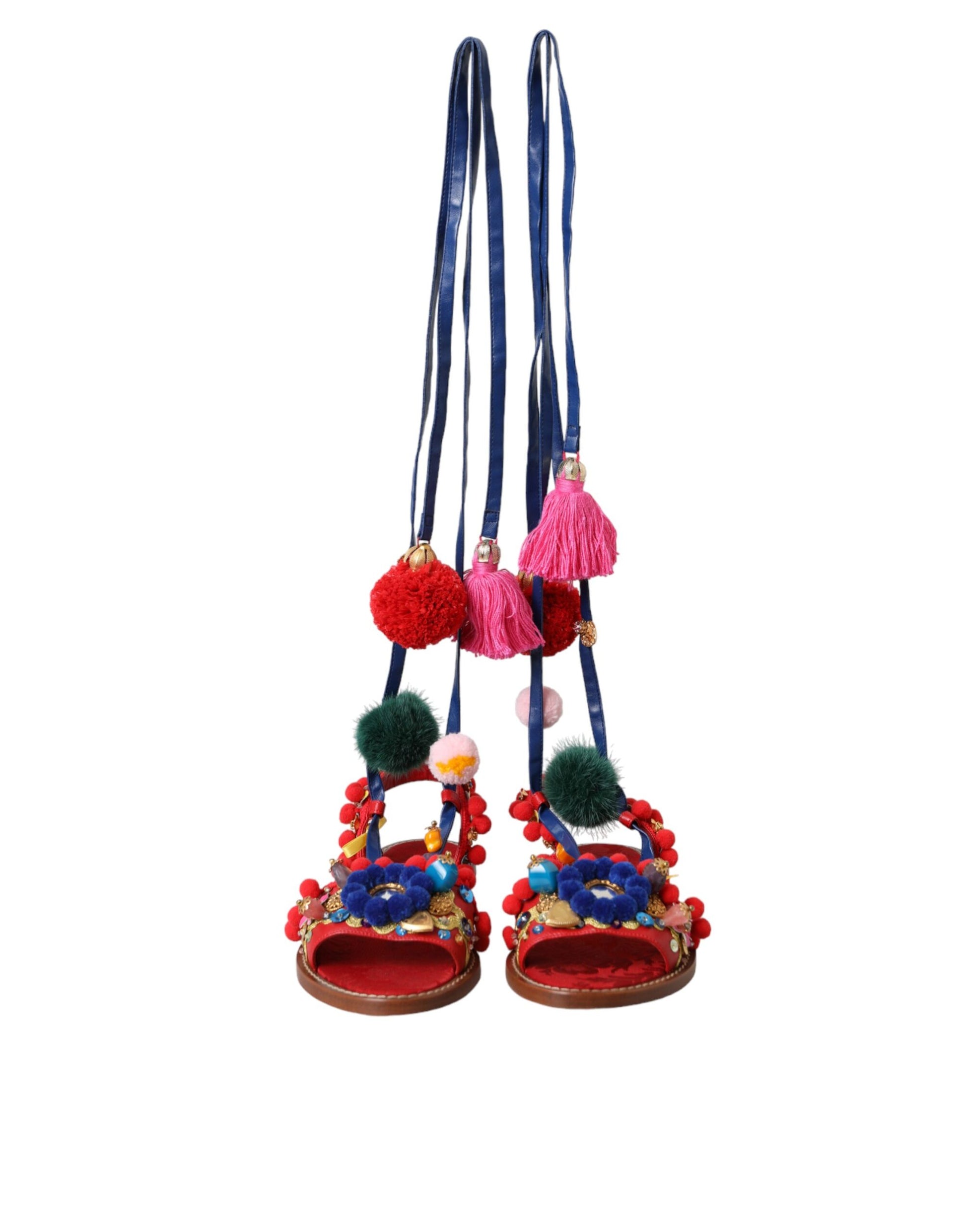 Mehrfarbige Sandalen mit Fellumschlag und Bommeln