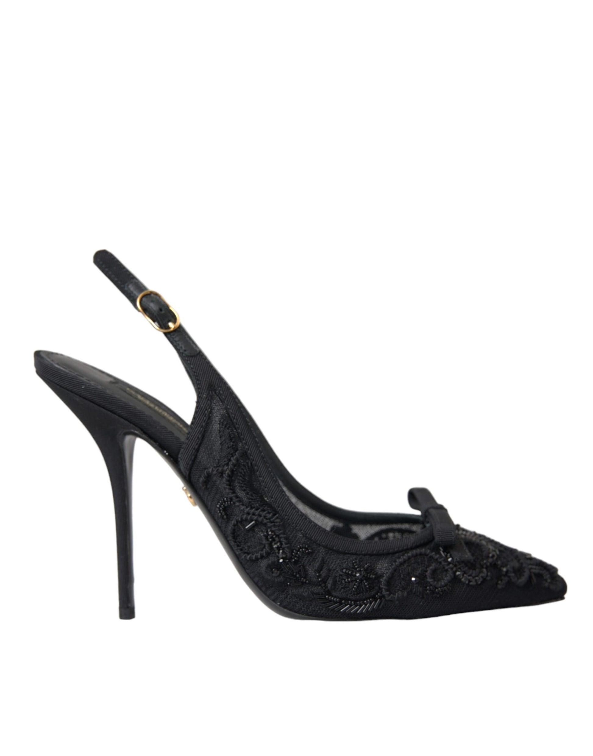 Schwarze Ricamo Heels Slingbacks aus Tüll