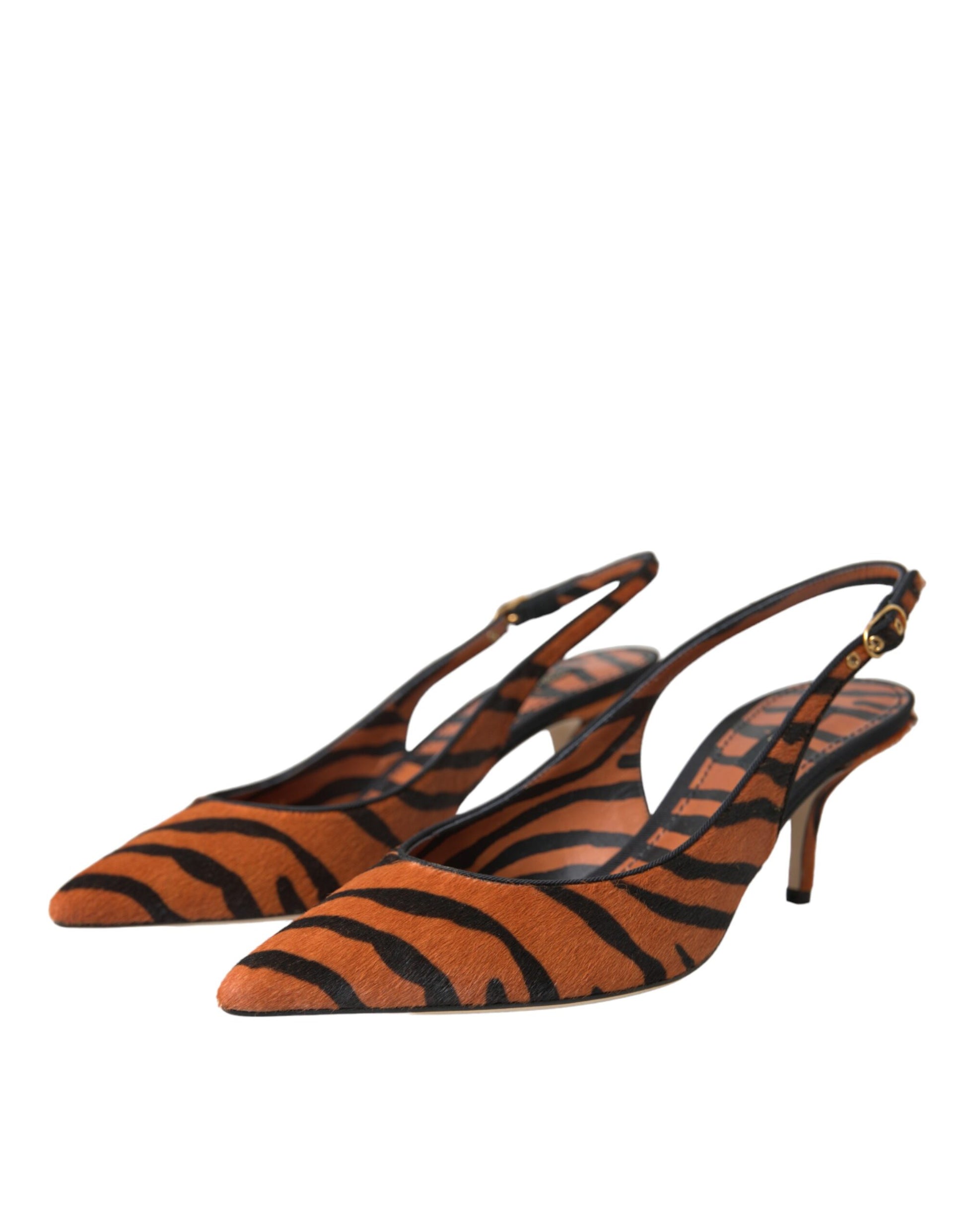 Slingbacks aus Leder mit Zebramuster in Schwarz und Orange