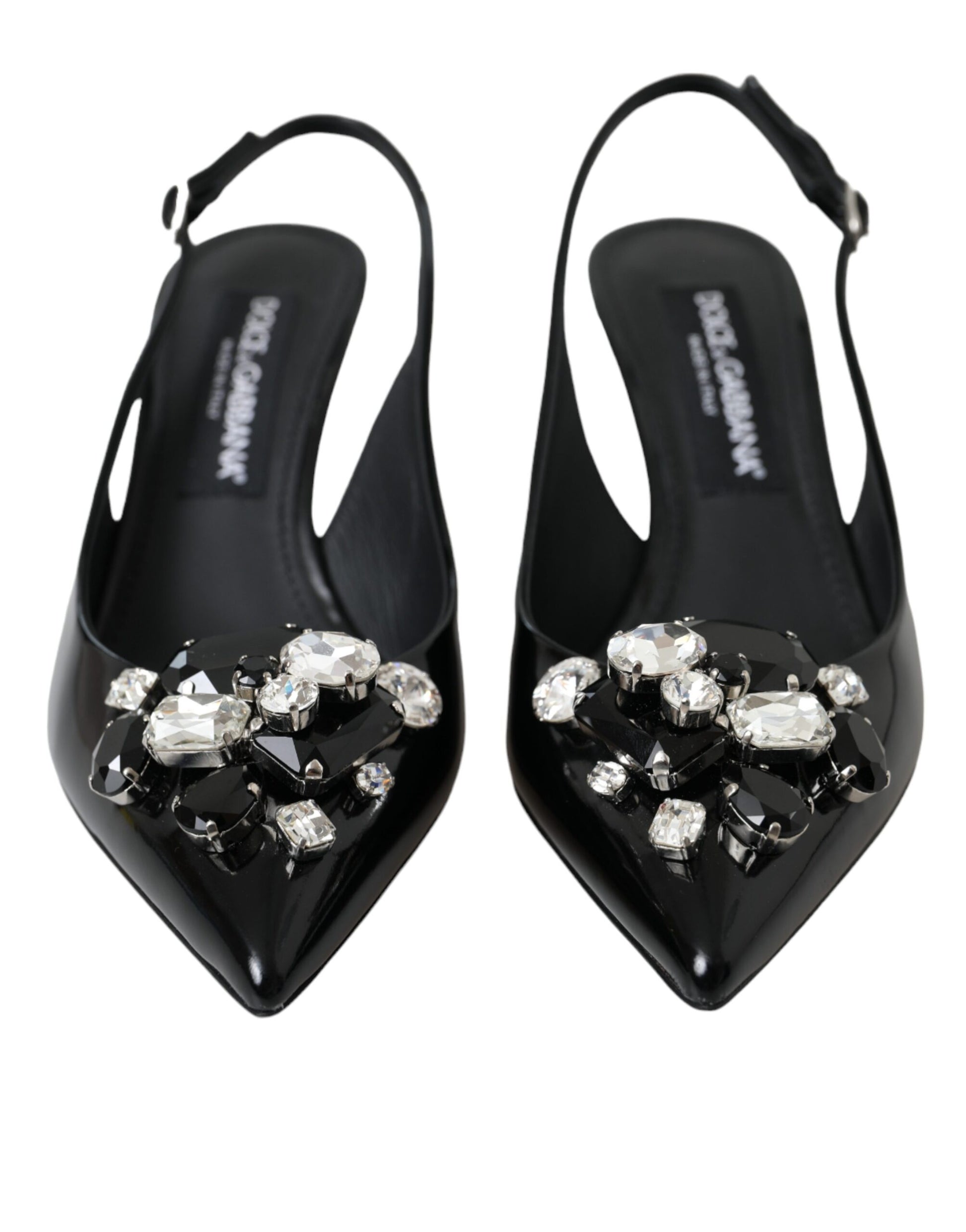 Schwarze Slingback-Schuhe aus Lackleder mit Kristallen
