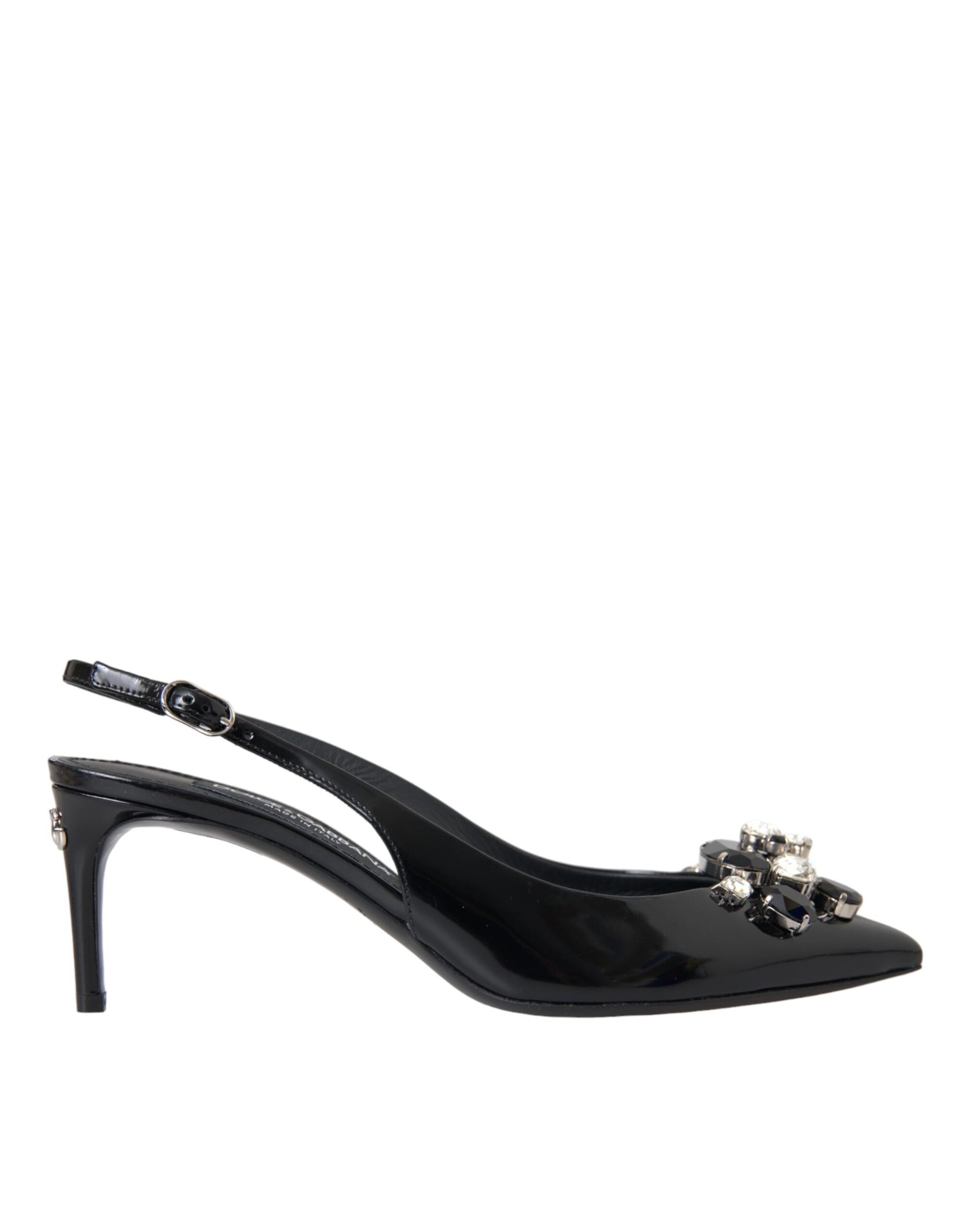 Schwarze Slingback-Schuhe aus Lackleder mit Kristallen