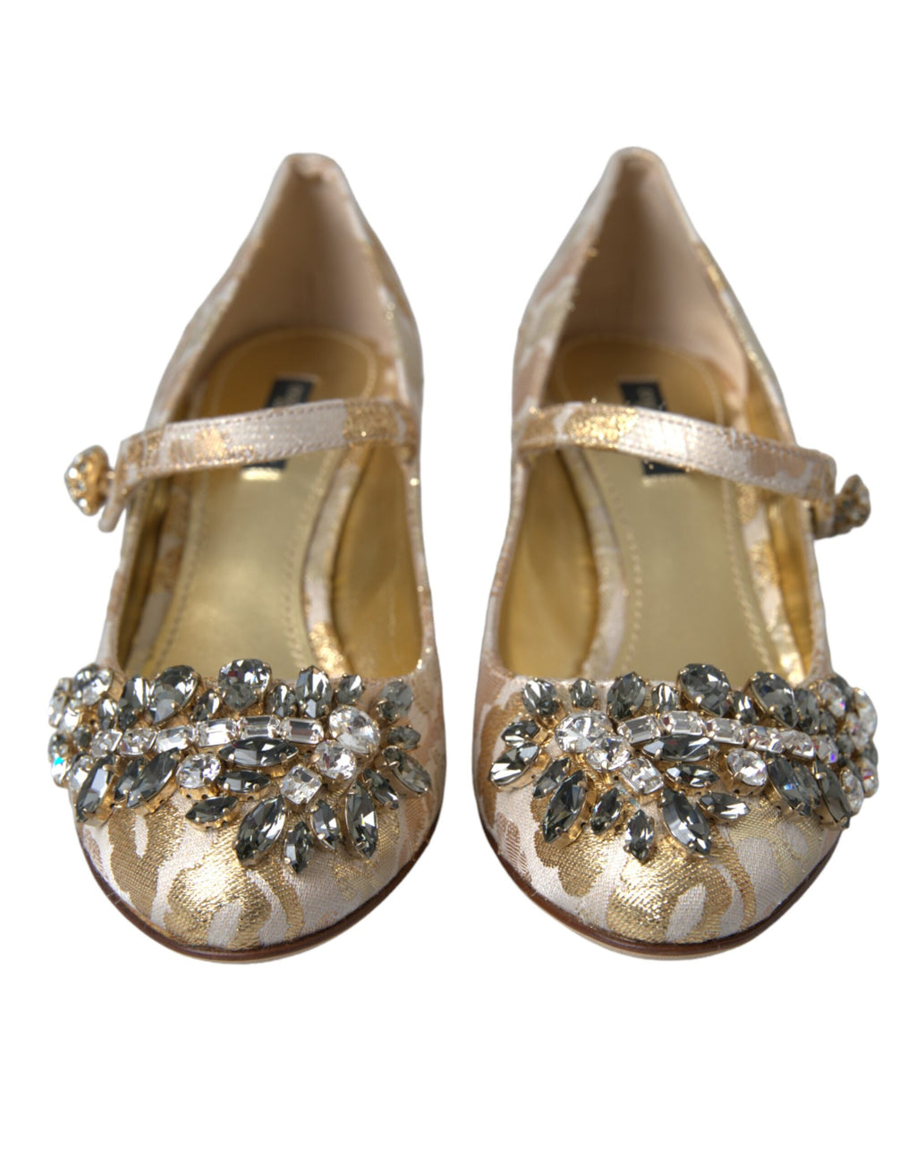Goldfarbene Mary Janes Pumps mit Jacquard-Kristallen
