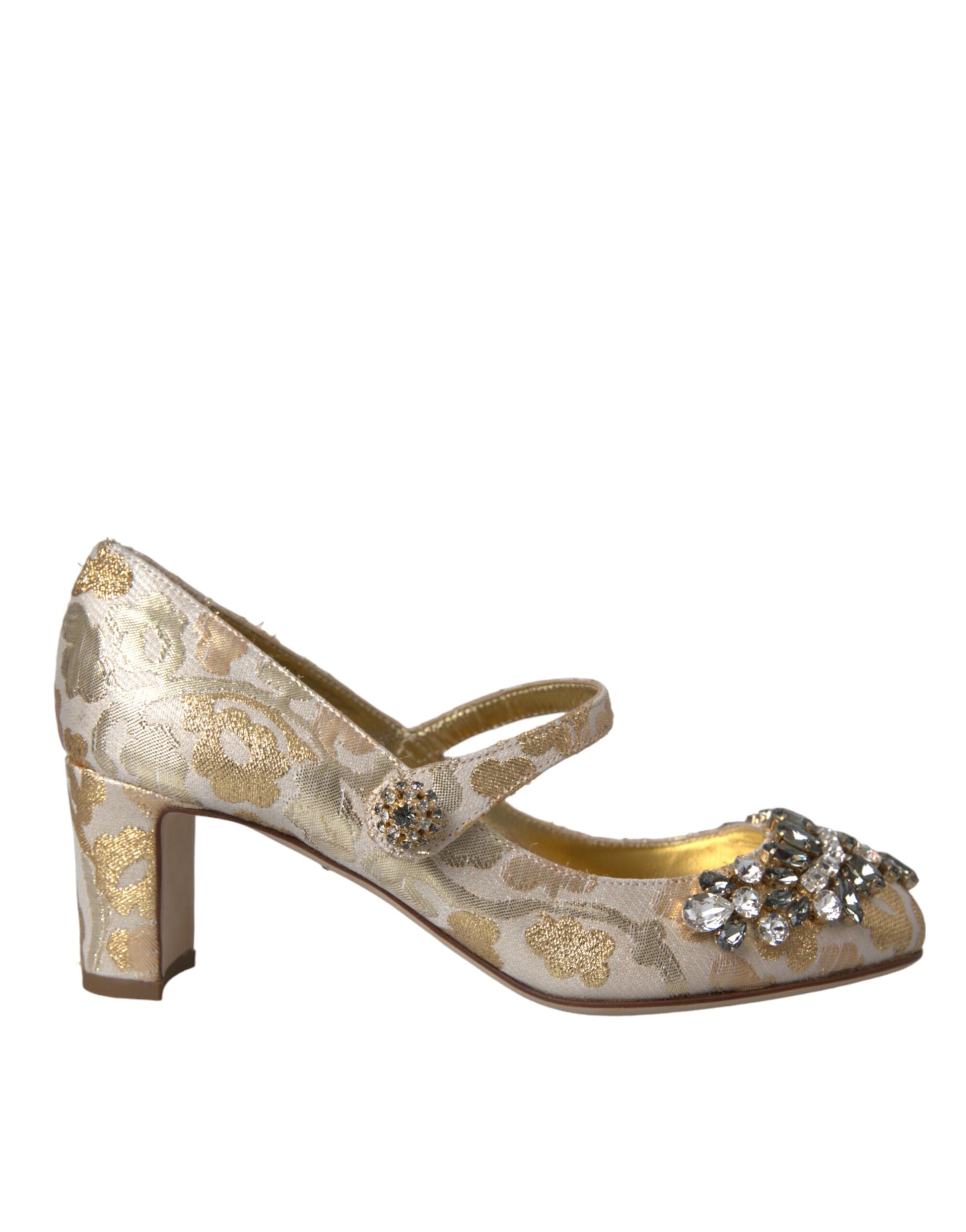 Goldfarbene Mary Janes Pumps mit Jacquard-Kristallen