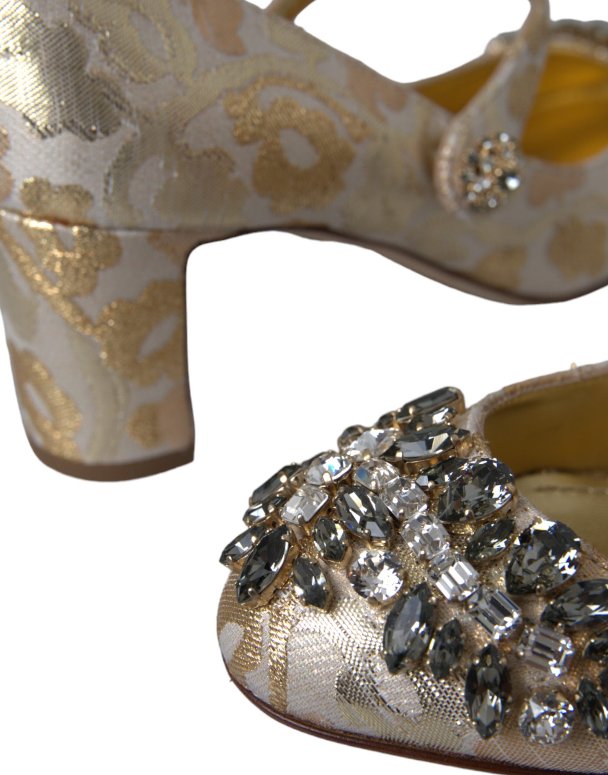 Goldfarbene Mary Janes Pumps mit Jacquard-Kristallen