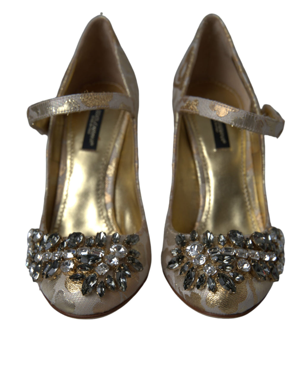Goldfarbene Mary Janes Pumps mit Jacquard-Kristallen