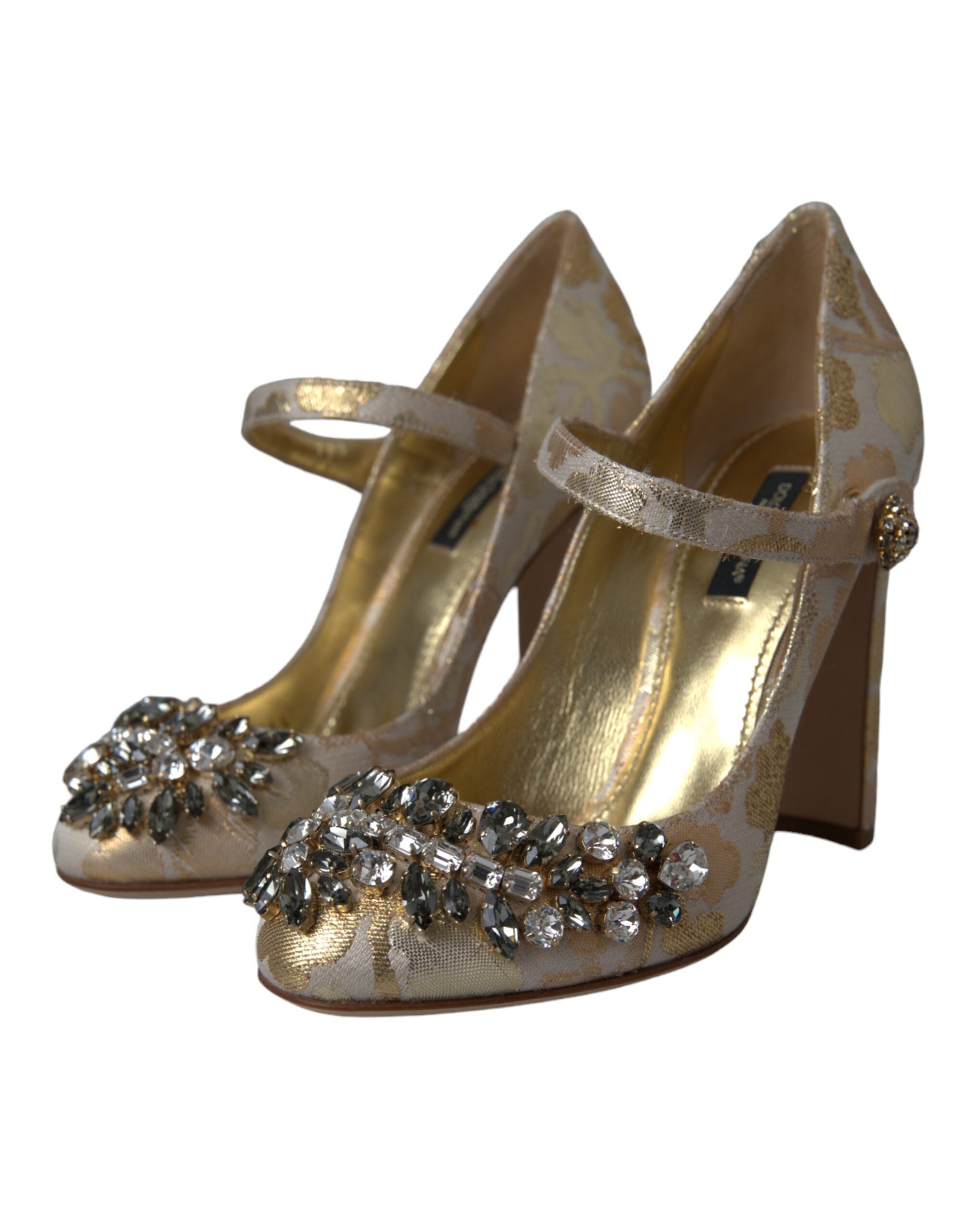Goldfarbene Mary Janes Pumps mit Jacquard-Kristallen