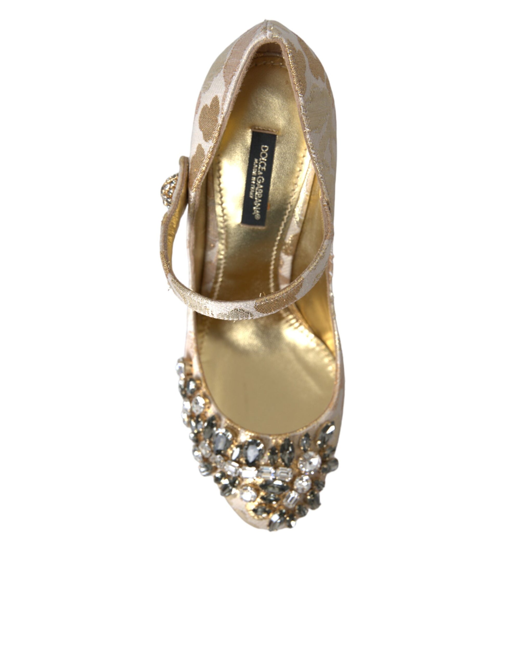 Goldfarbene Mary Janes Pumps mit Jacquard-Kristallen