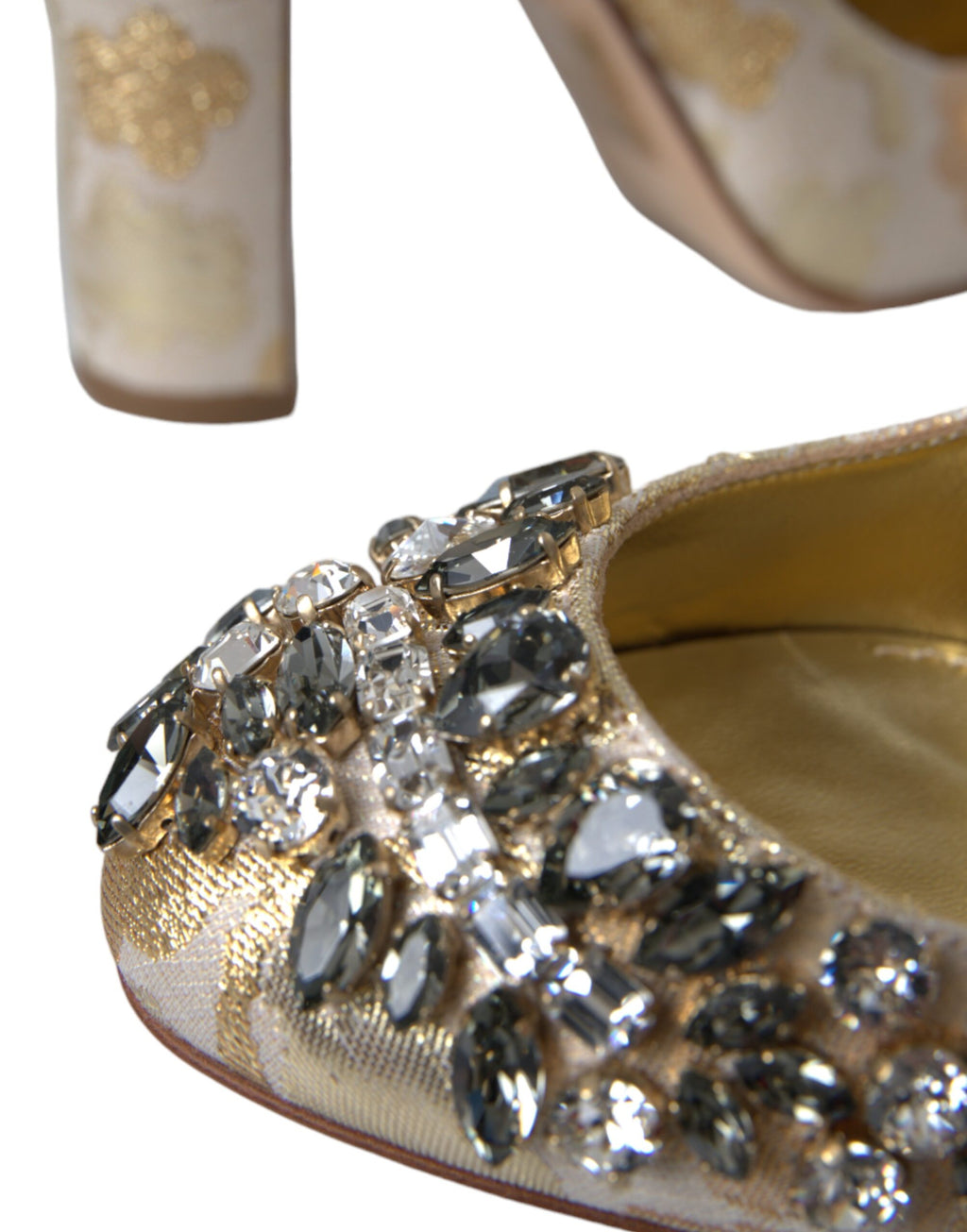 Goldfarbene Mary Janes Pumps mit Jacquard-Kristallen