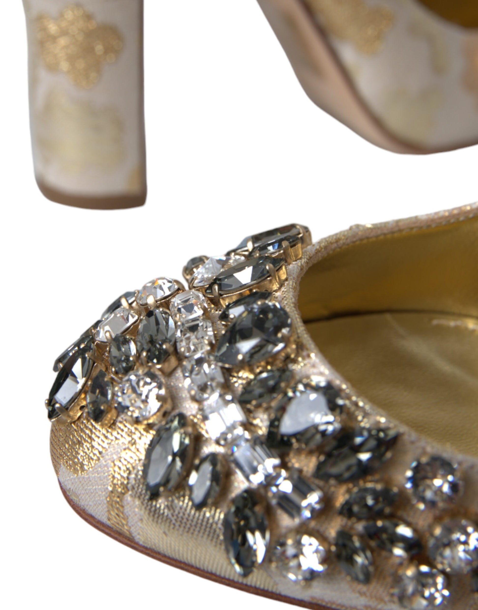 Goldfarbene Mary Janes Pumps mit Jacquard-Kristallen