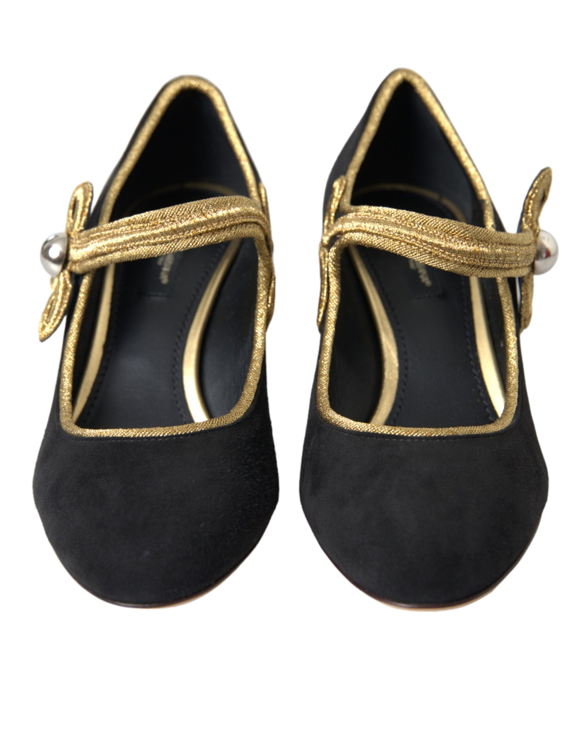 Schwarze Wildleder Gold Mary Janes Heels Pumps Schuhe