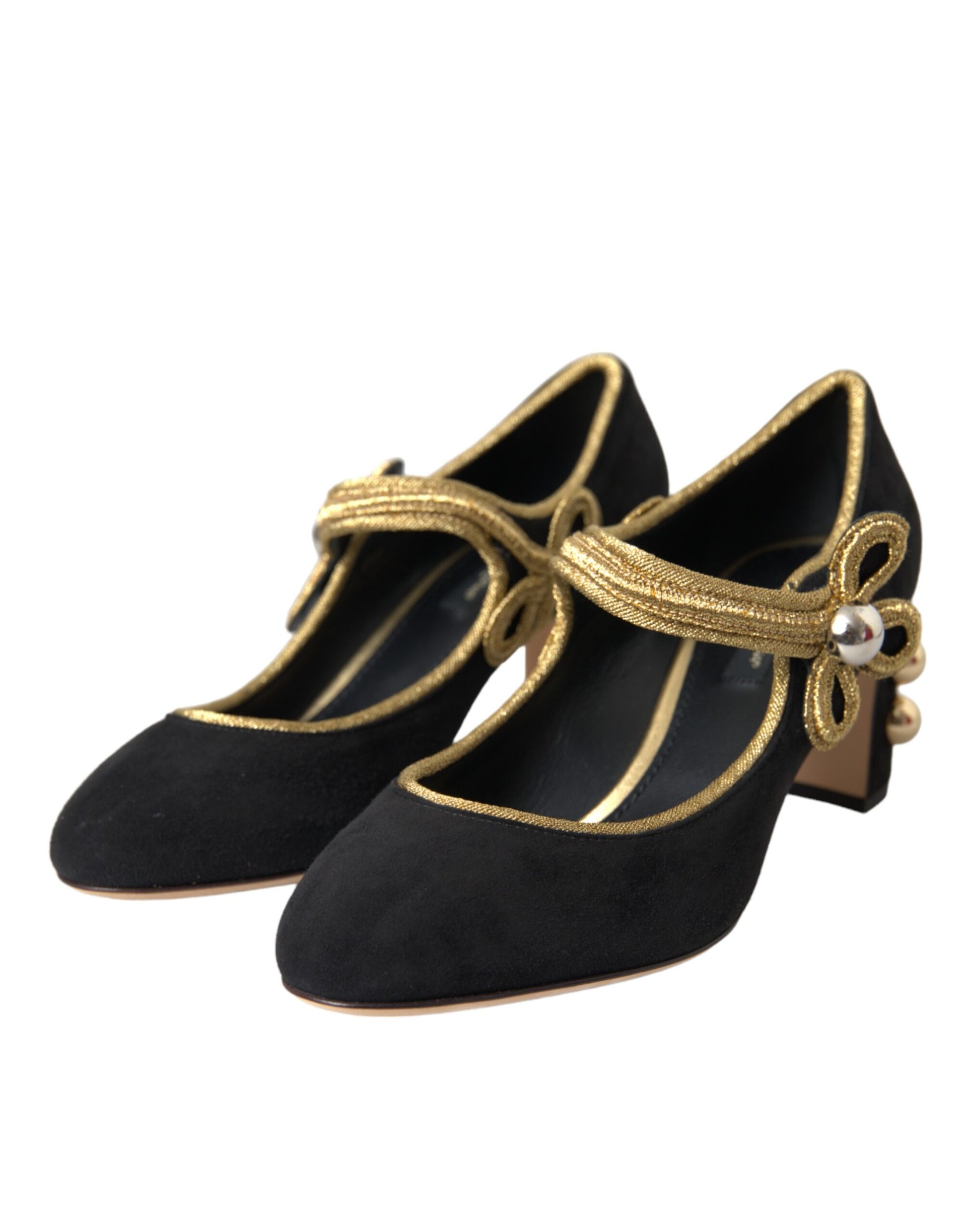 Schwarze Wildleder Gold Mary Janes Heels Pumps Schuhe