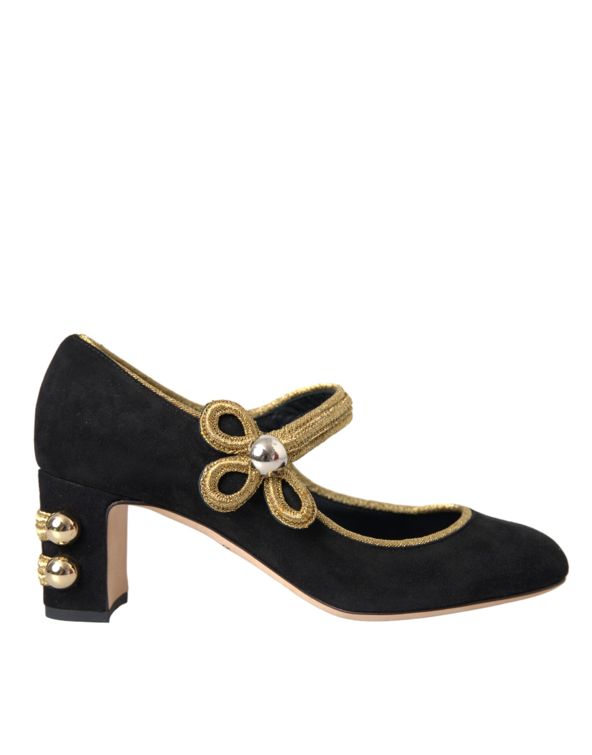 Schwarze Wildleder Gold Mary Janes Heels Pumps Schuhe