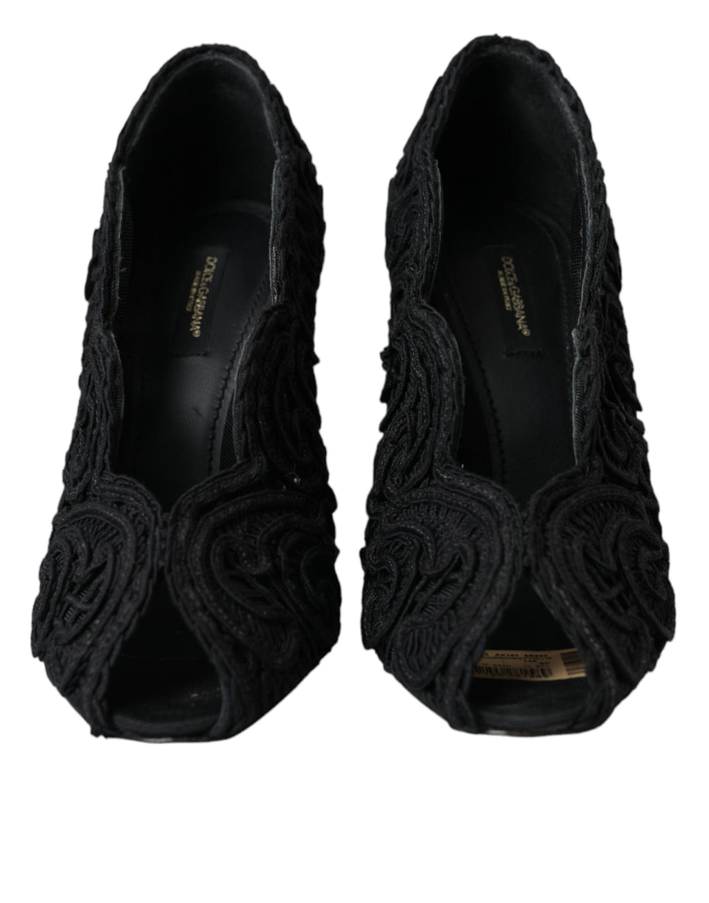 Schwarze Cordonetto Ricamo Pumps mit offener Spitze